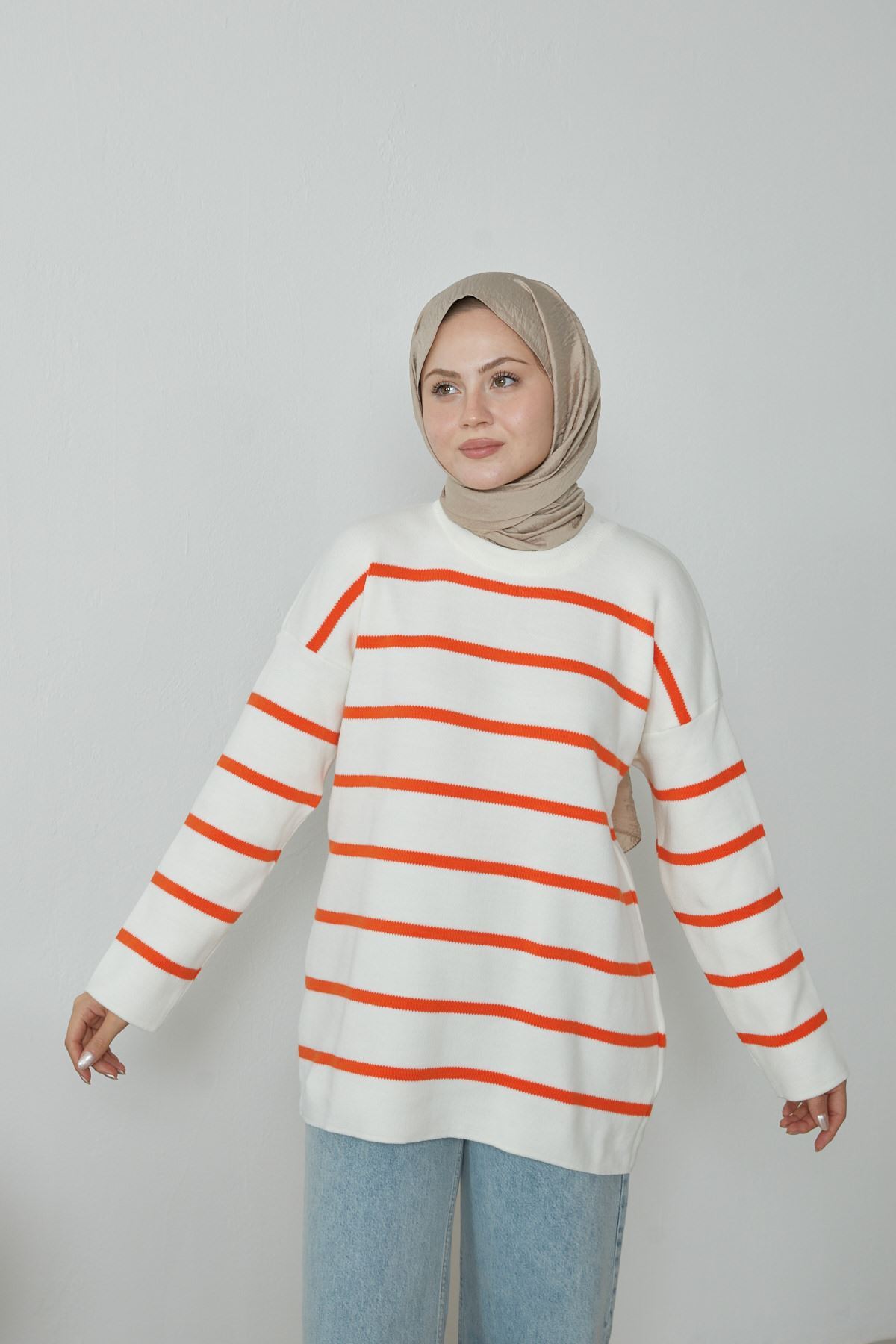 Çizgili Triko Kazak-Oranj