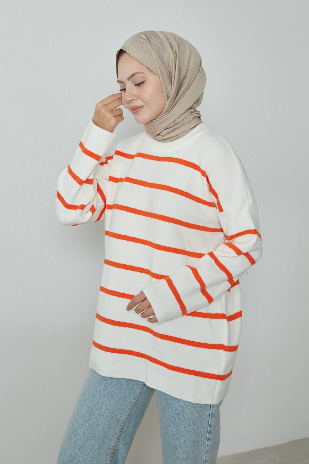 Çizgili Triko Kazak-Oranj