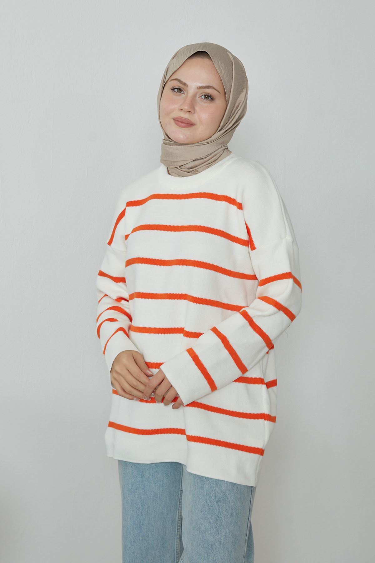 Çizgili Triko Kazak-Oranj