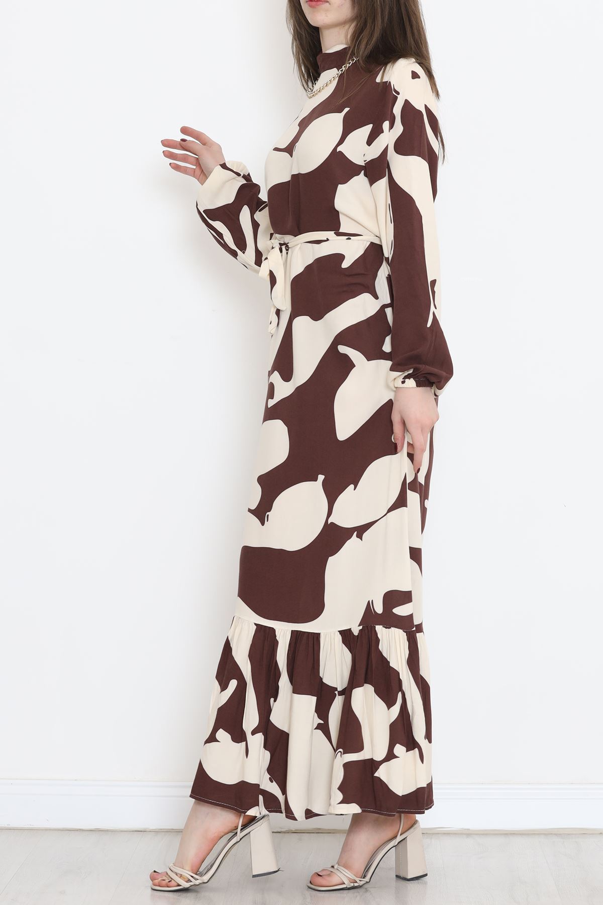 Desenli Kuşaklı Elbise Kahve - 16705.1318.