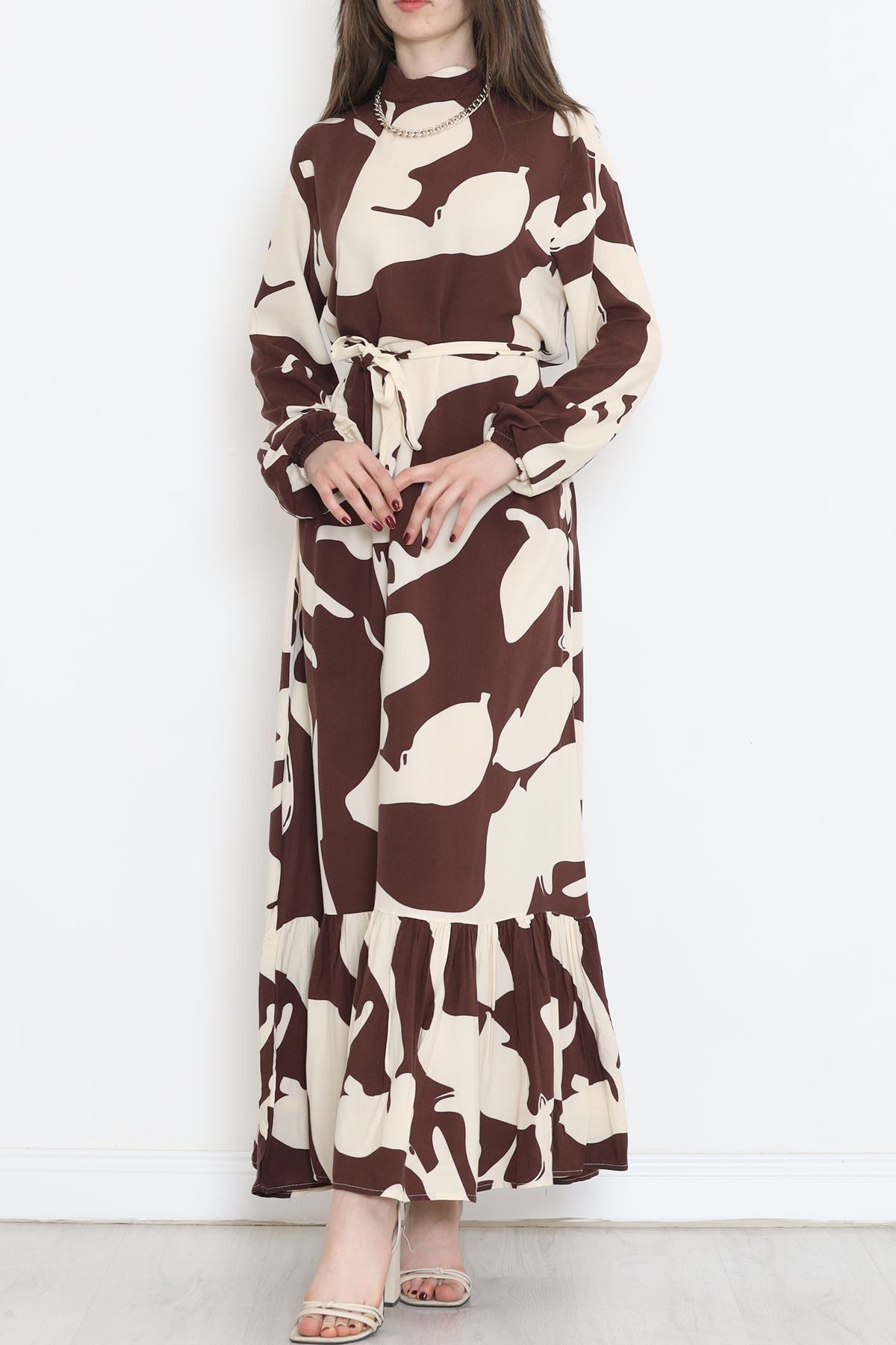 Desenli Kuşaklı Elbise Kahve - 16705.1318.