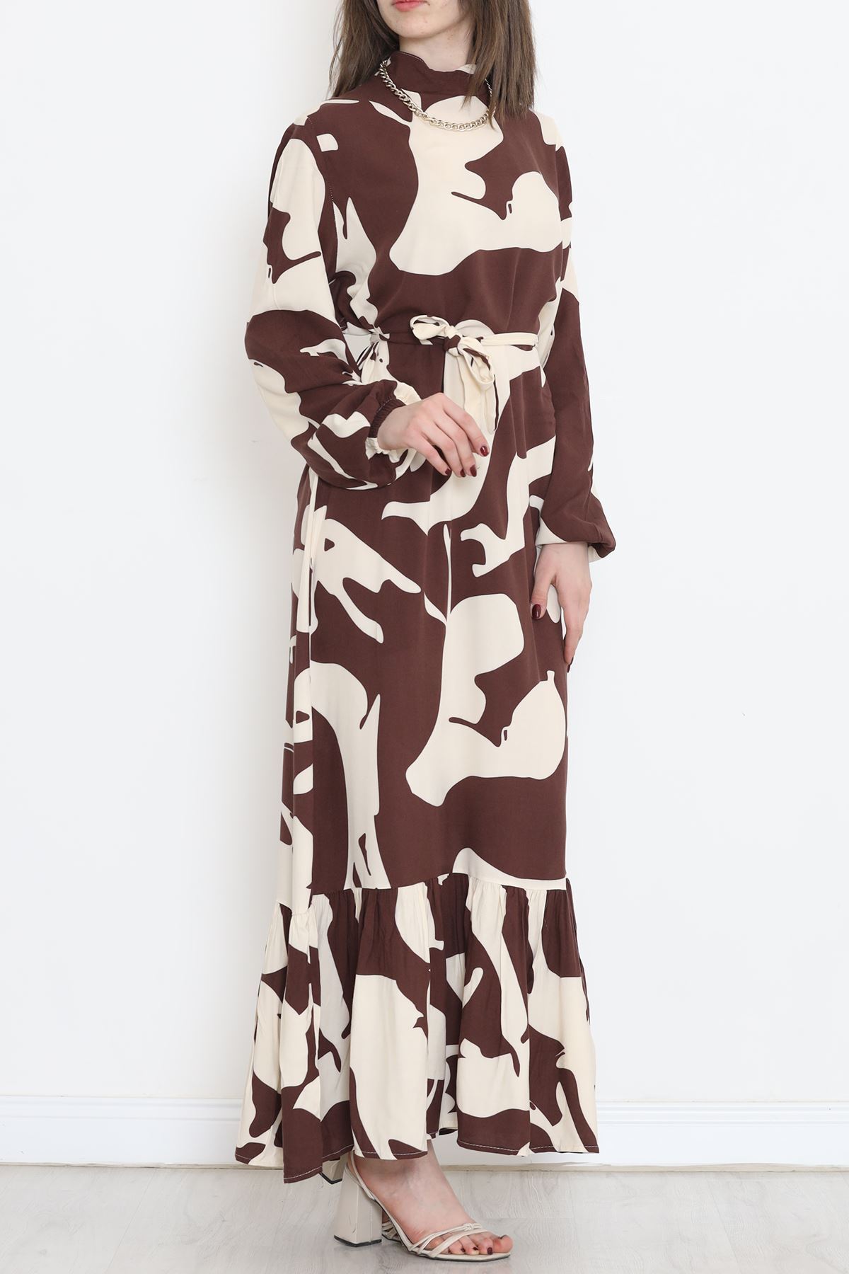 Desenli Kuşaklı Elbise Kahve - 16705.1318.