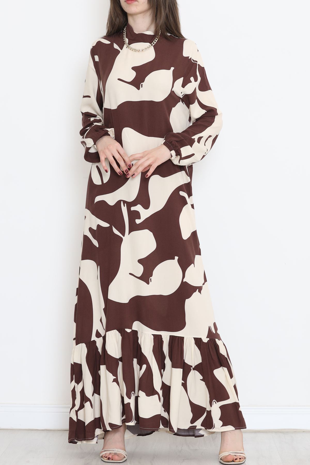 Desenli Kuşaklı Elbise Kahve - 16705.1318.