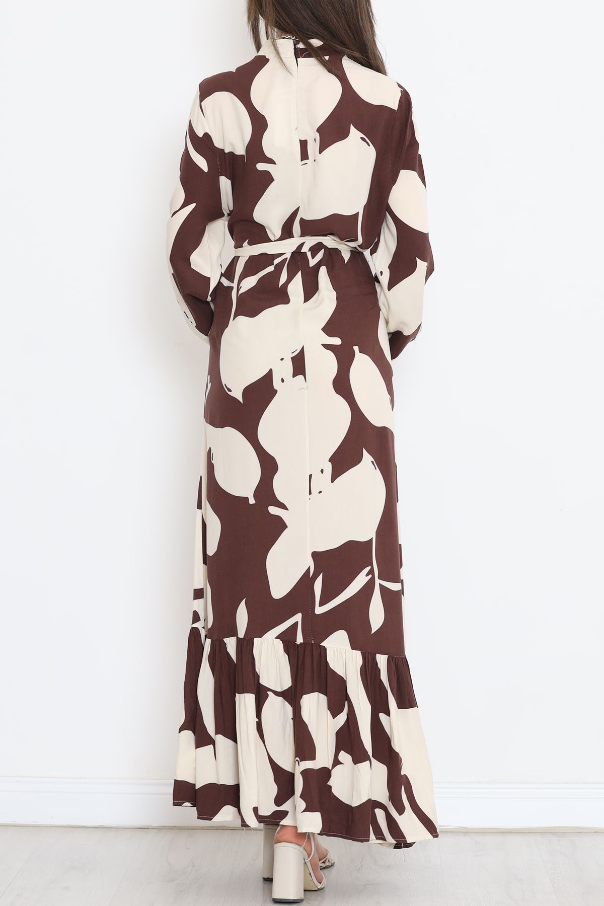 Desenli Kuşaklı Elbise Kahve - 16705.1318.