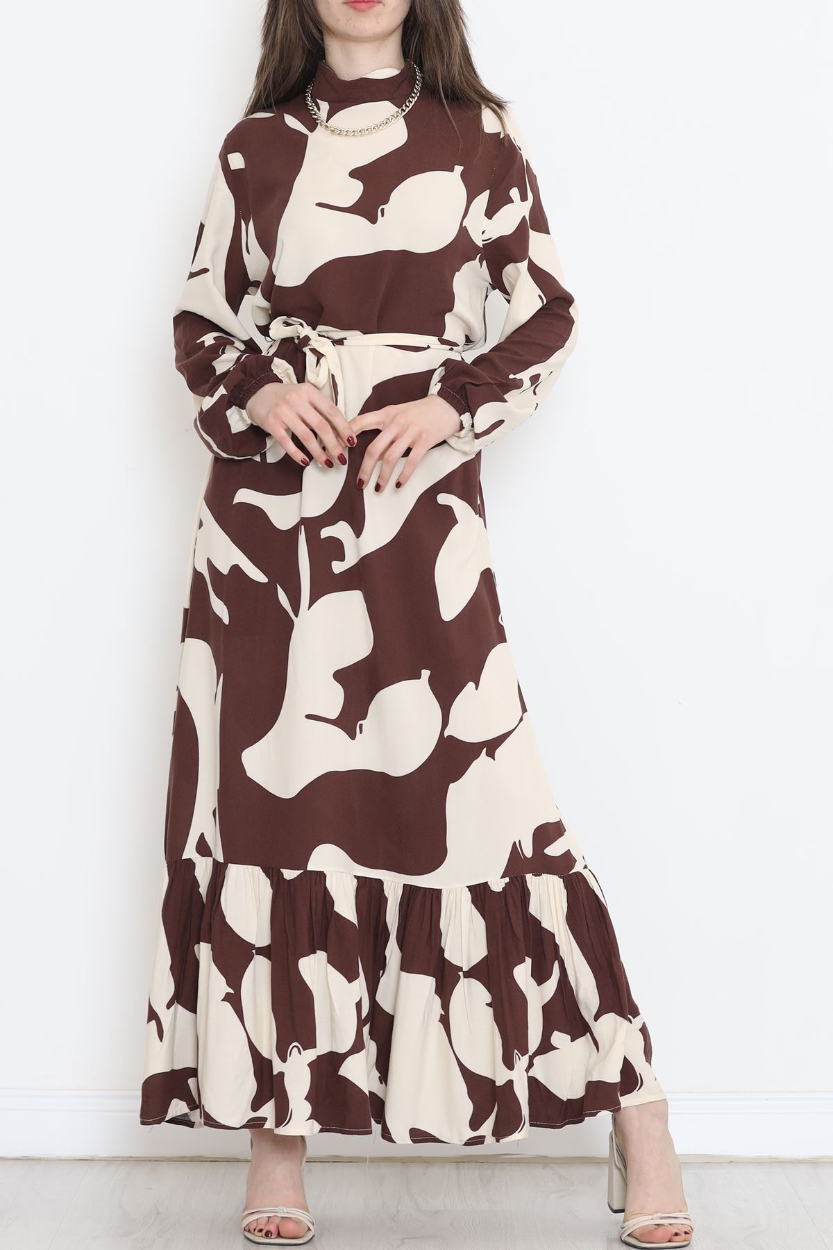 Desenli Kuşaklı Elbise Kahve - 16705.1318.