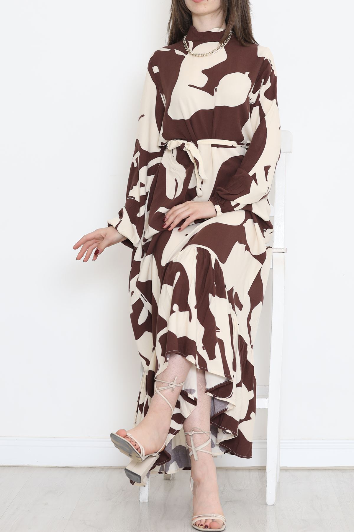 Desenli Kuşaklı Elbise Kahve - 16705.1318.