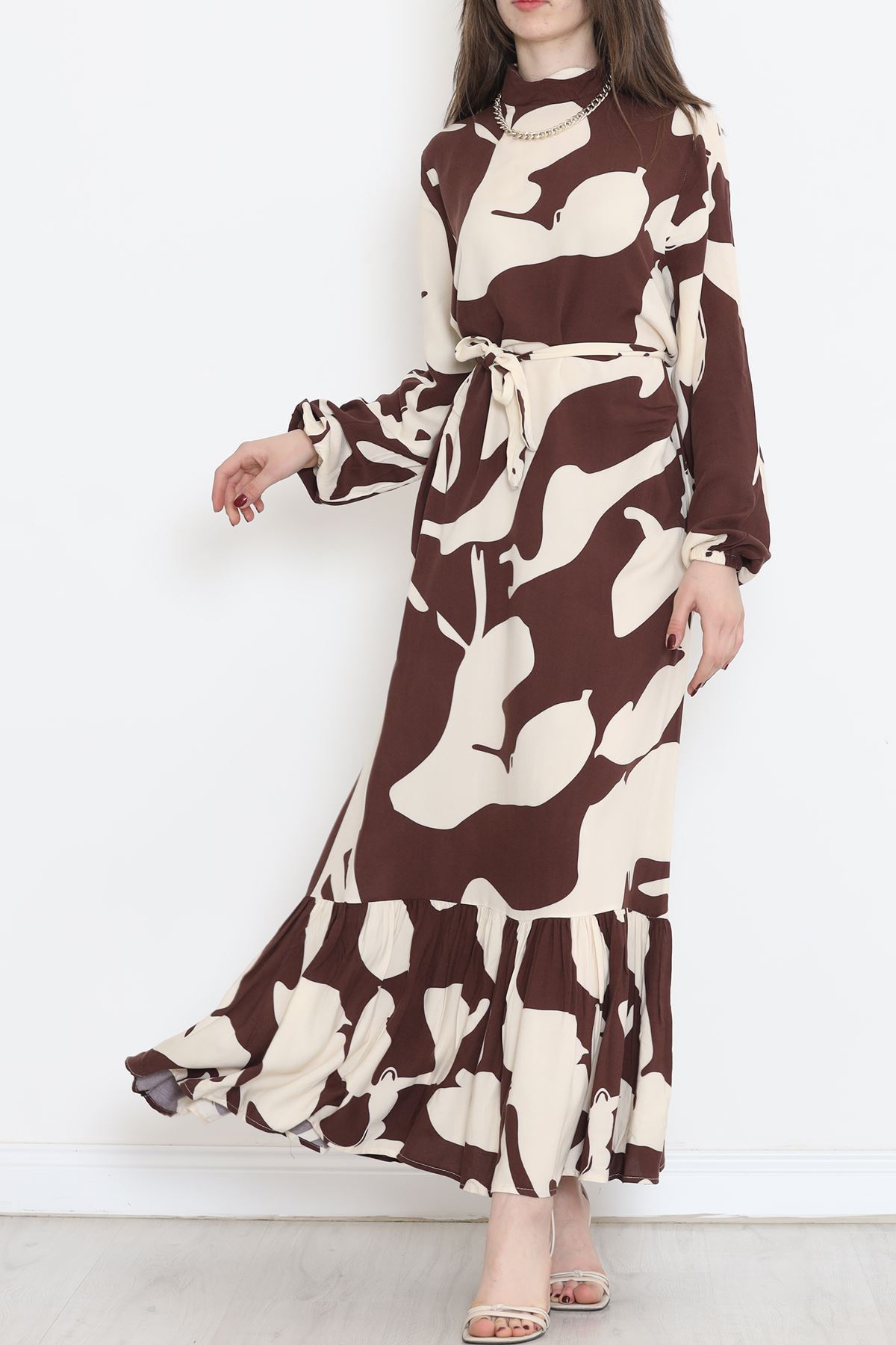 Desenli Kuşaklı Elbise Kahve - 16705.1318.