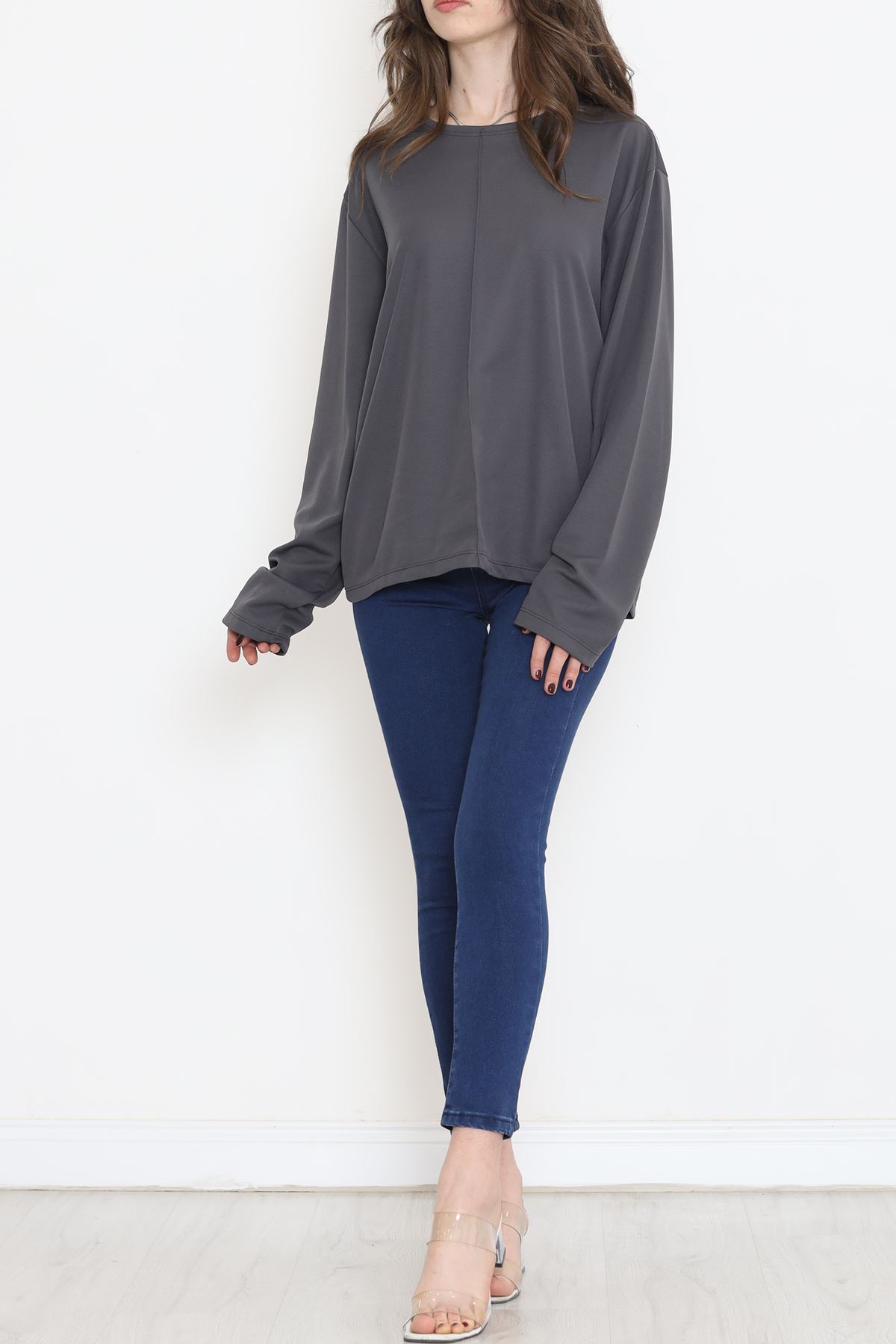 Oversize Ortadan Çımalı Bluz Füme - 15913.1778.