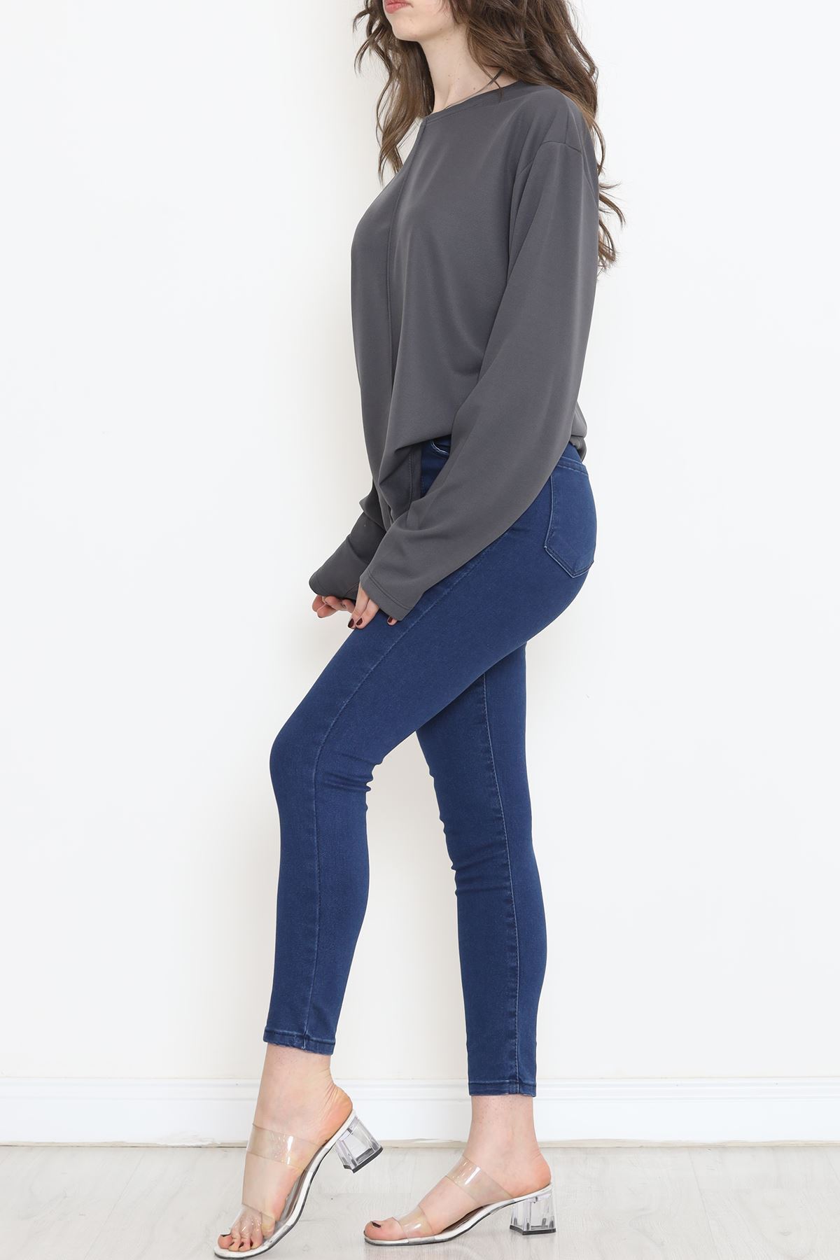 Oversize Ortadan Çımalı Bluz Füme - 15913.1778.