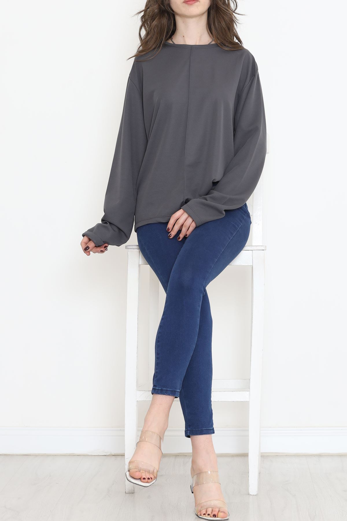 Oversize Ortadan Çımalı Bluz Füme - 15913.1778.