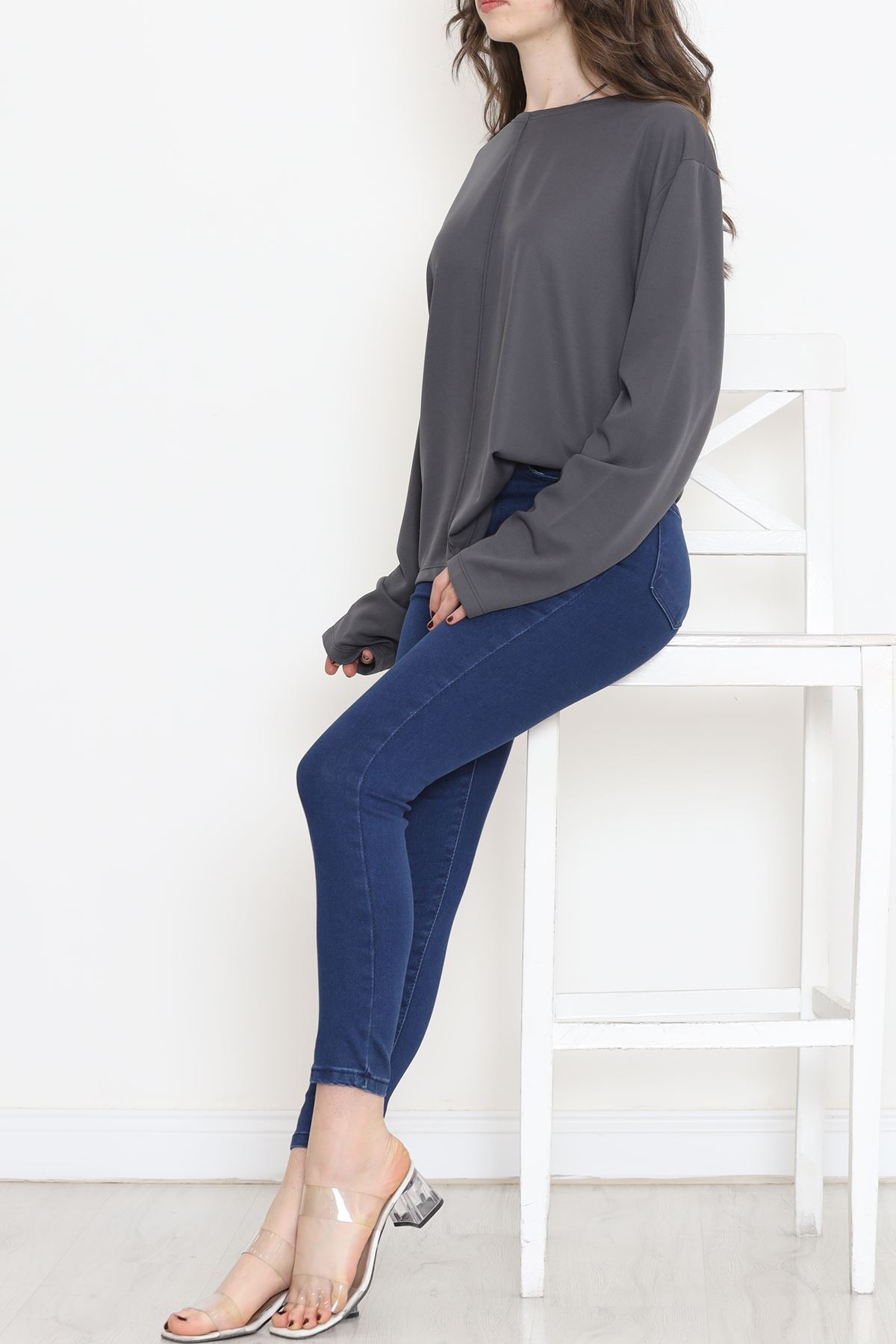 Oversize Ortadan Çımalı Bluz Füme - 15913.1778.