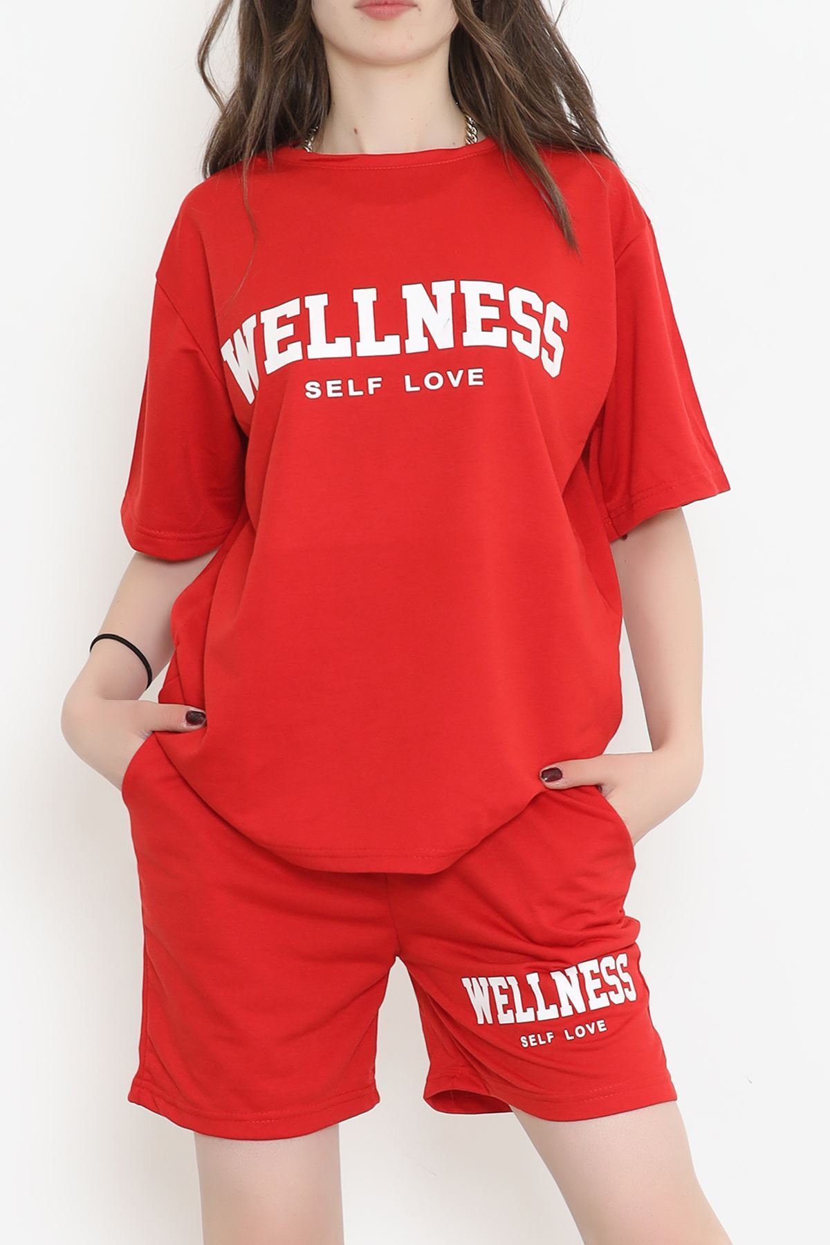 Oversize Baskılı Şortlu Takım Kırmızı - 12629.5238.