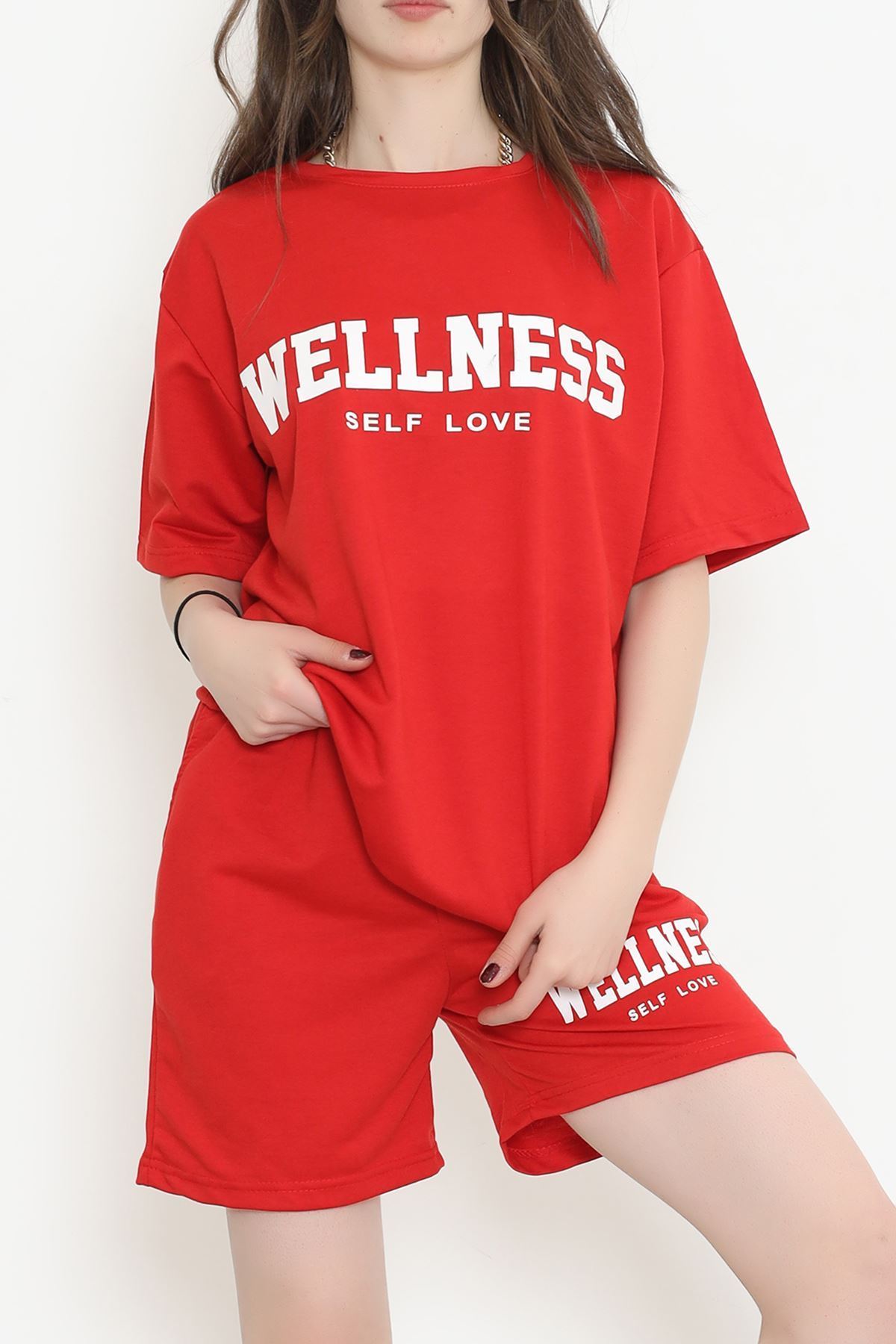 Oversize Baskılı Şortlu Takım Kırmızı - 12629.5238.