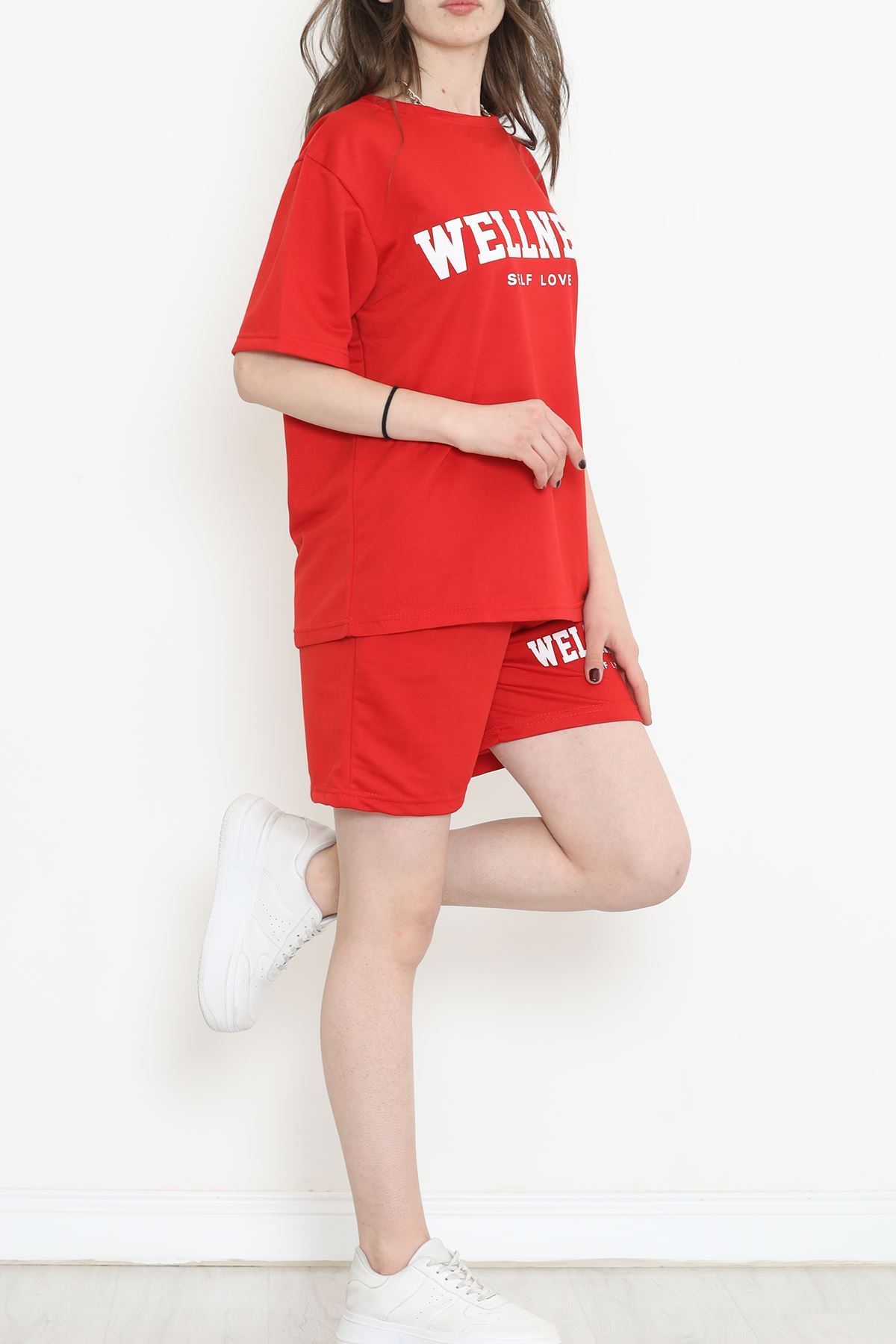 Oversize Baskılı Şortlu Takım Kırmızı - 12629.5238.
