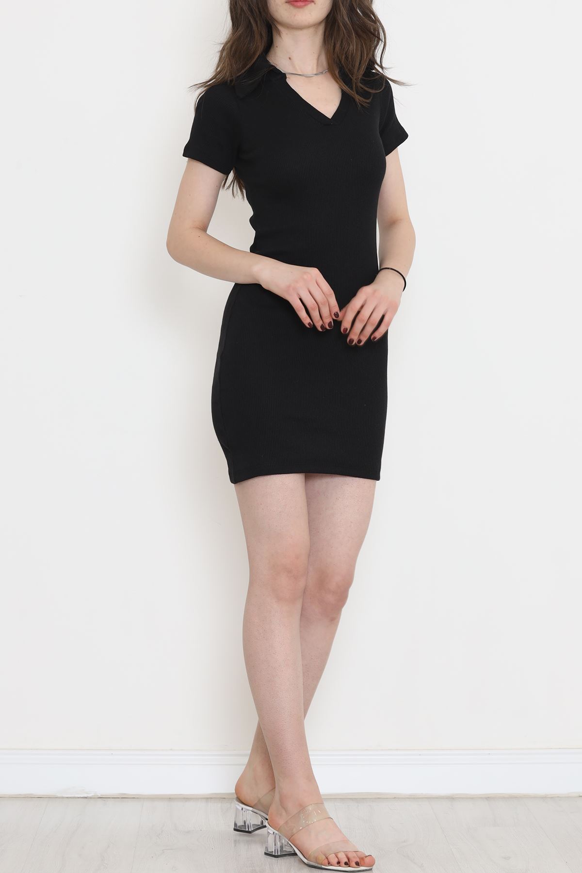 Kaşkorse Polo Yaka Elbise Siyah - 15273.1567.