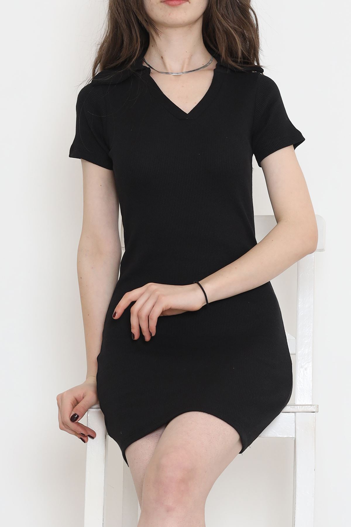 Kaşkorse Polo Yaka Elbise Siyah - 15273.1567.