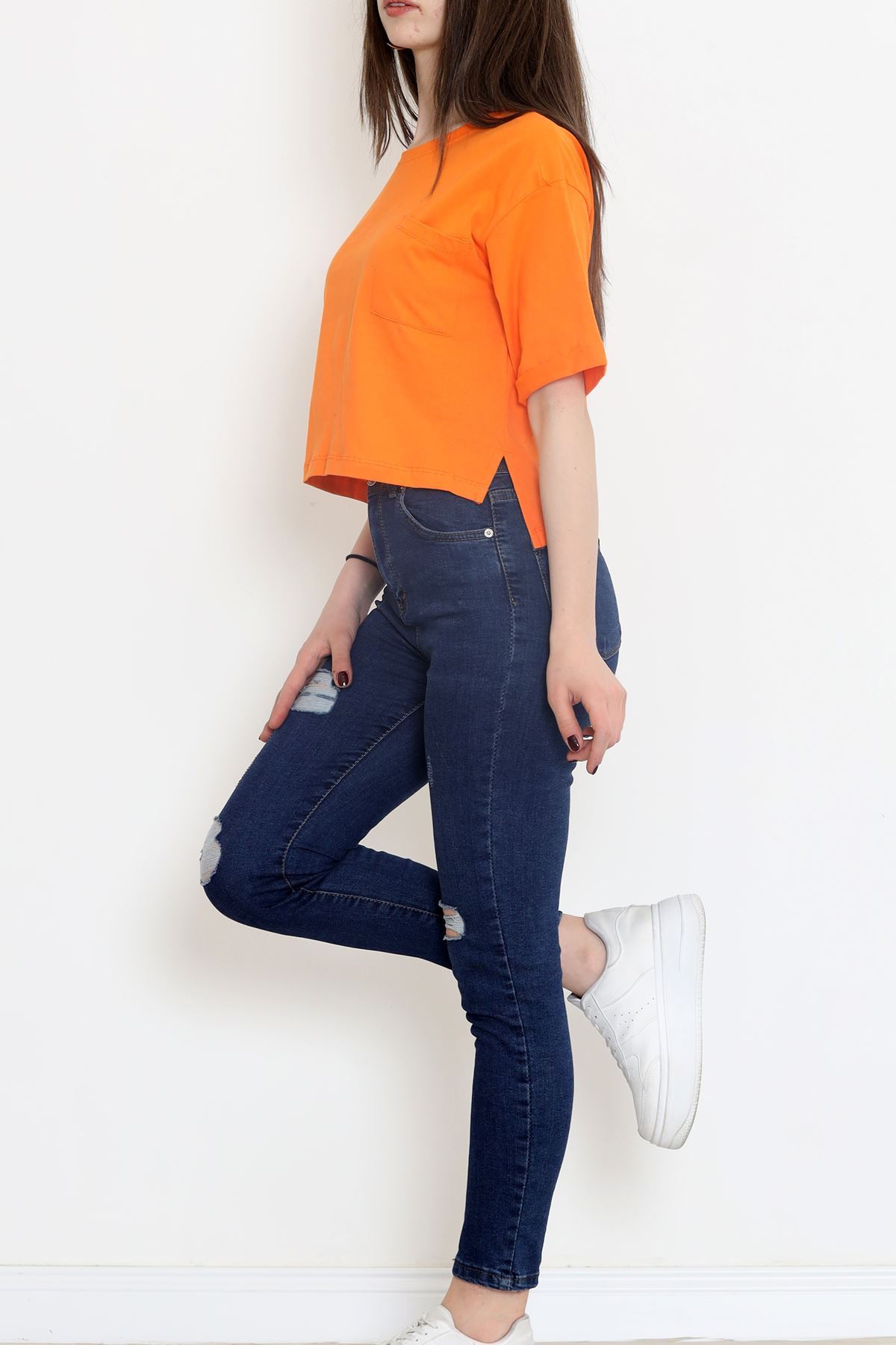 Bisiklet Yaka Cepli Tişört Turuncu - 16563.1567.