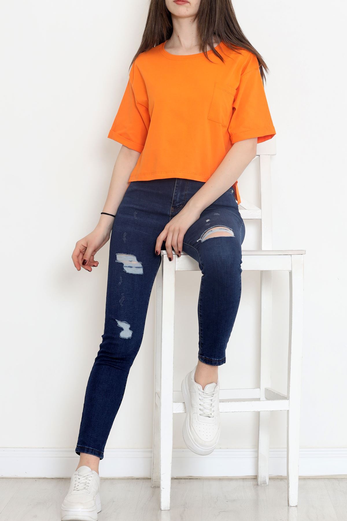 Bisiklet Yaka Cepli Tişört Turuncu - 16563.1567.