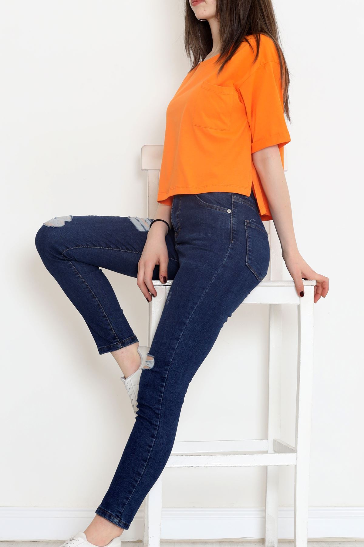 Bisiklet Yaka Cepli Tişört Turuncu - 16563.1567.