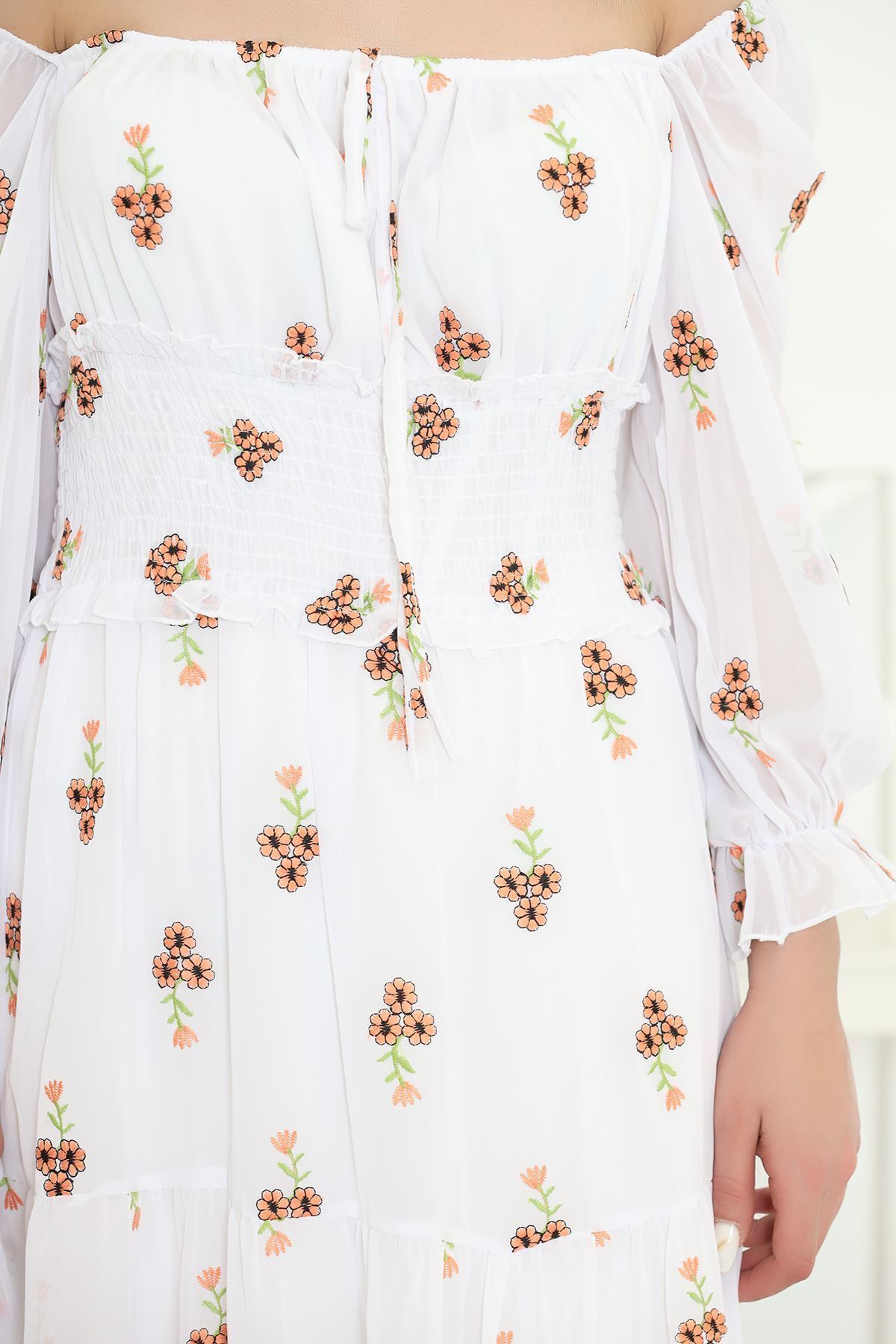 Nakışlı Şifon Elbise Beyaz - 5198.1322.