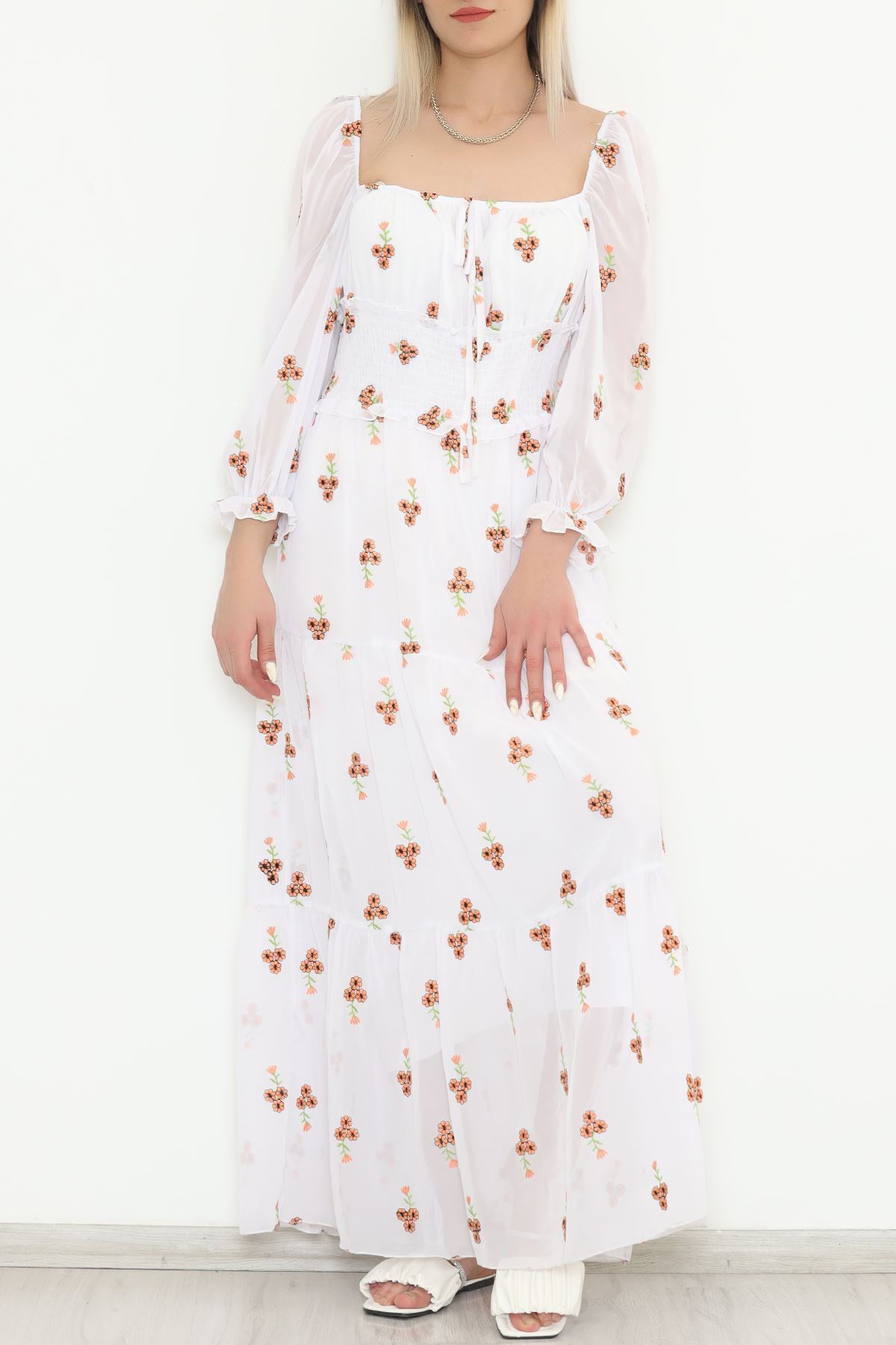 Nakışlı Şifon Elbise Beyaz - 5198.1322.