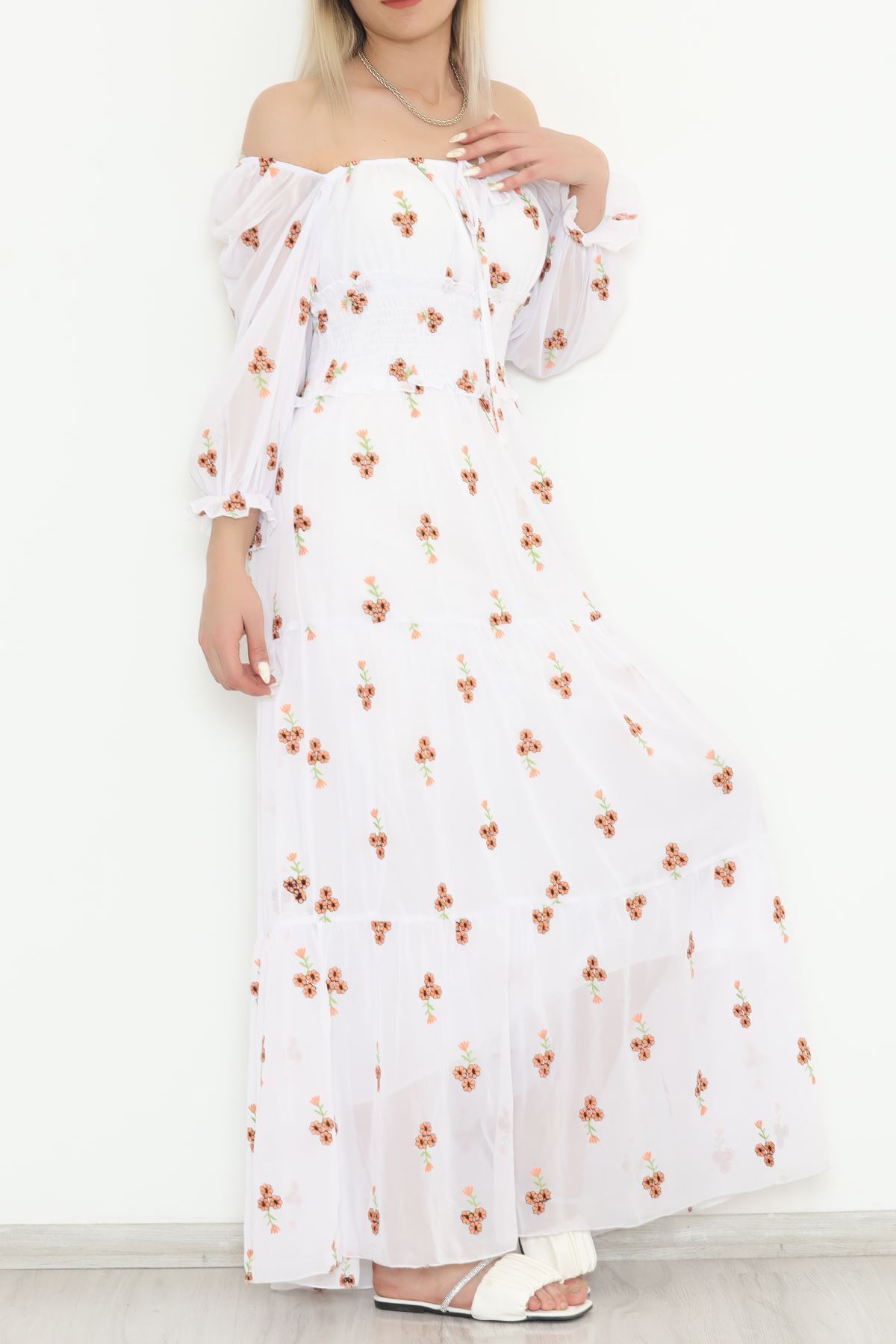 Nakışlı Şifon Elbise Beyaz - 5198.1322.