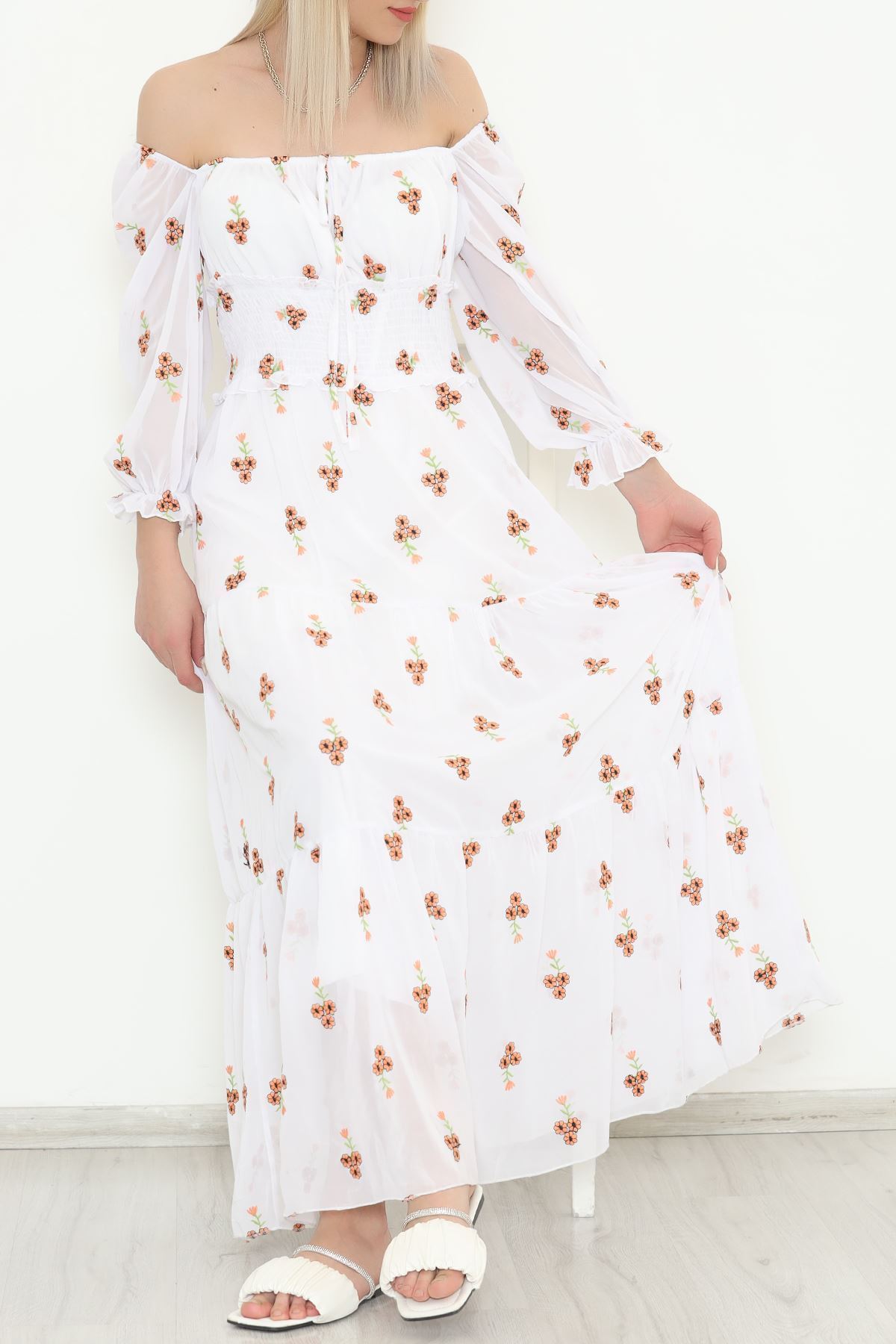 Nakışlı Şifon Elbise Beyaz - 5198.1322.