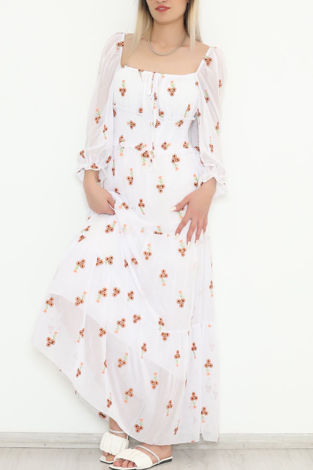 Nakışlı Şifon Elbise Beyaz - 5198.1322.