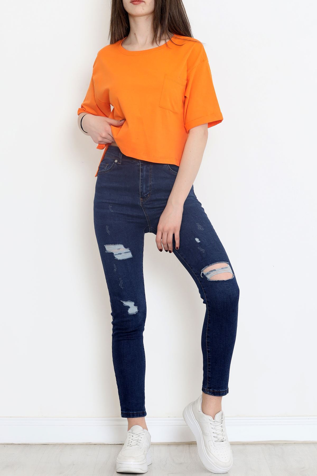 Bisiklet Yaka Cepli Tişört Turuncu - 16563.1567.