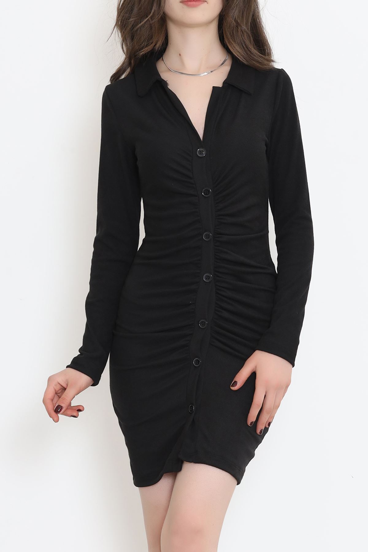 Düğmeli Fitilli Elbise Siyah - 17755.1595.
