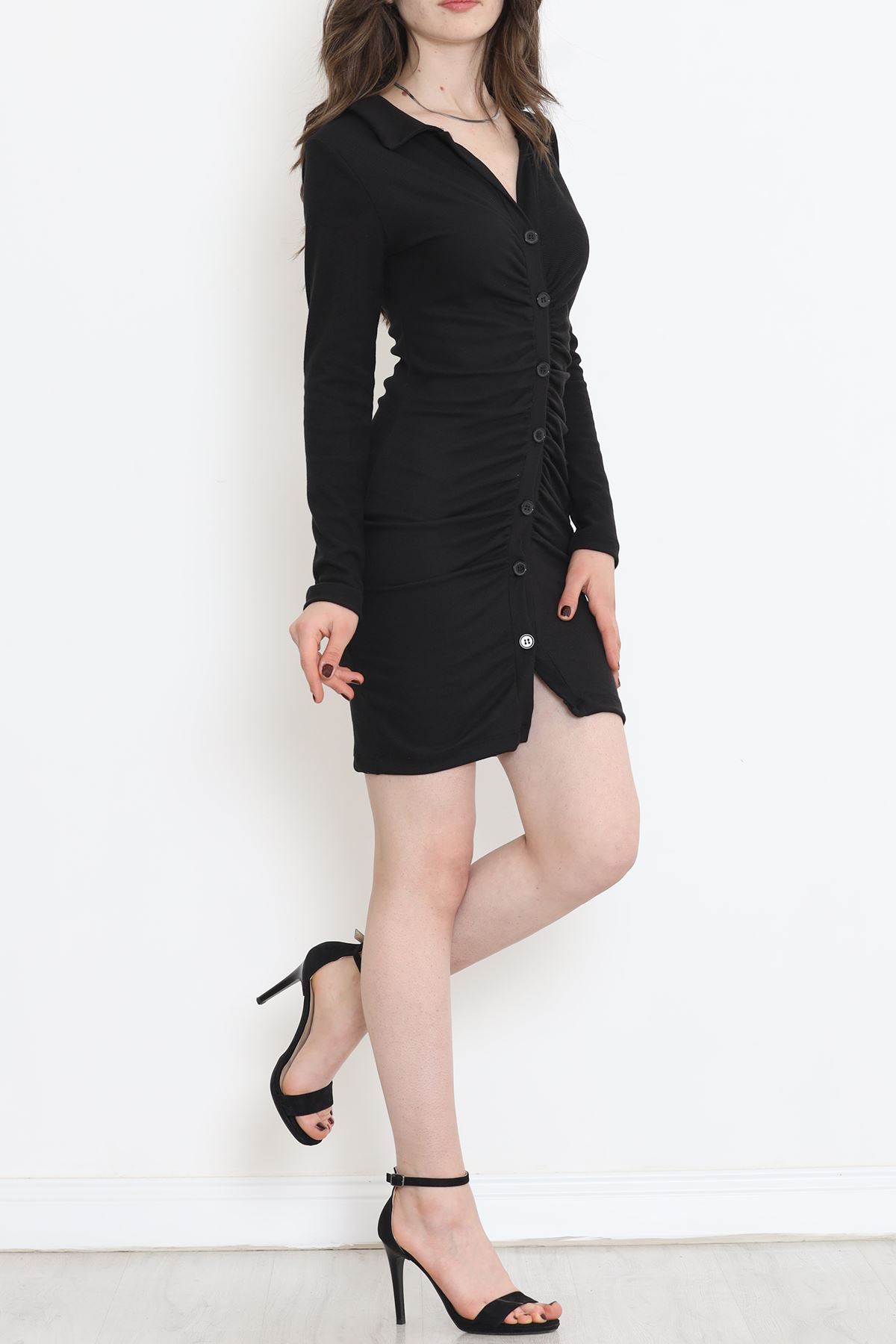 Düğmeli Fitilli Elbise Siyah - 17755.1595.