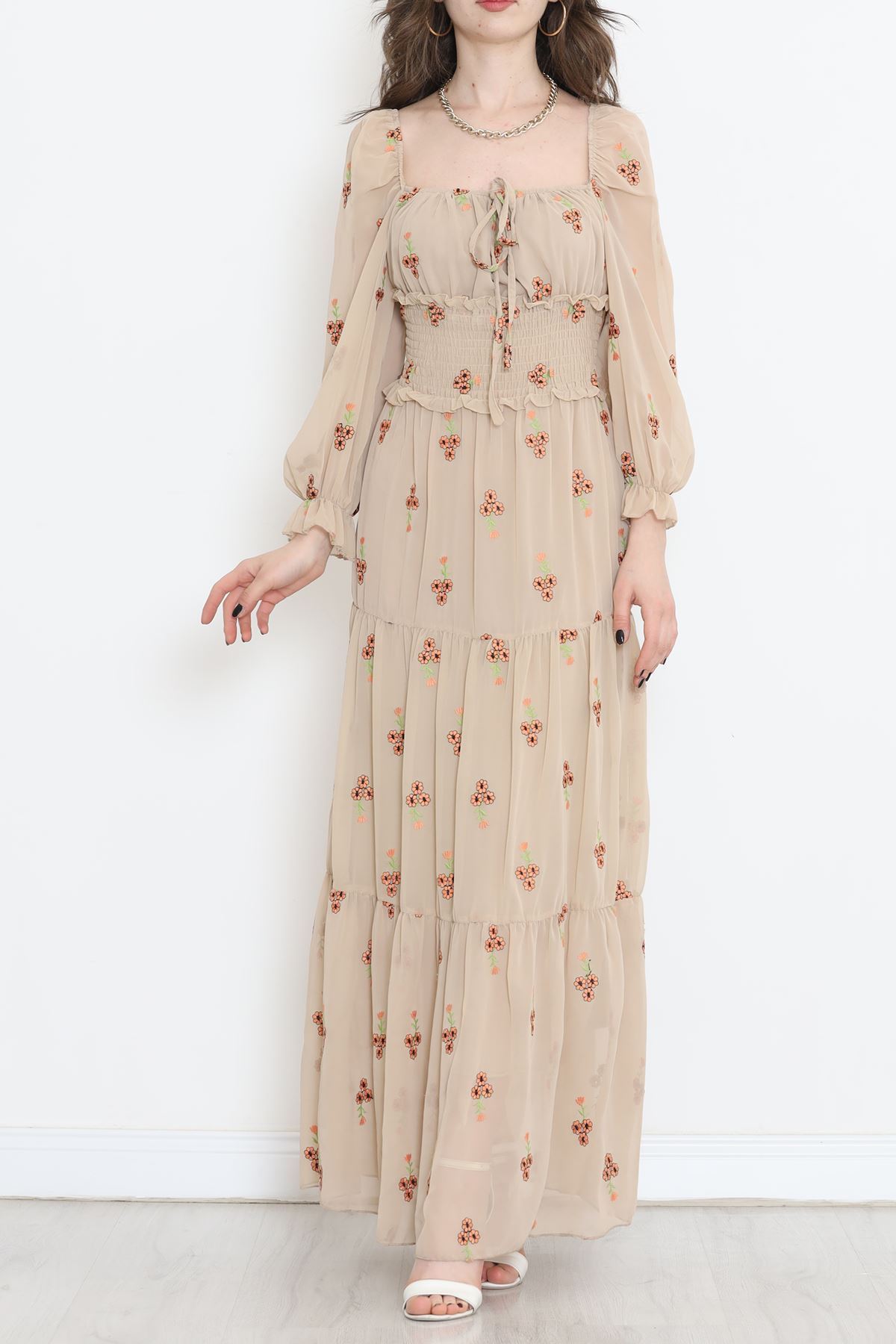 Nakışlı Şifon Elbise Bej - 5198.1322.