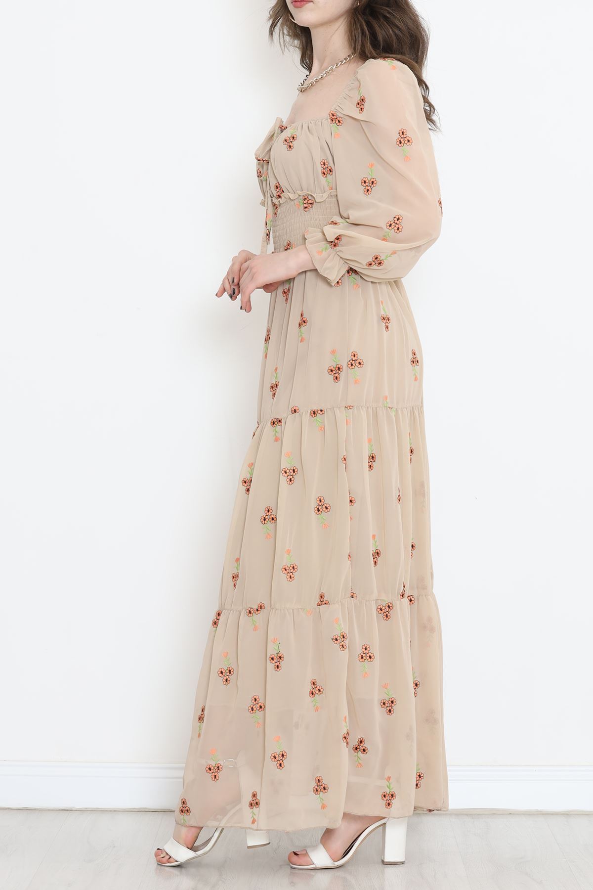 Nakışlı Şifon Elbise Bej - 5198.1322.