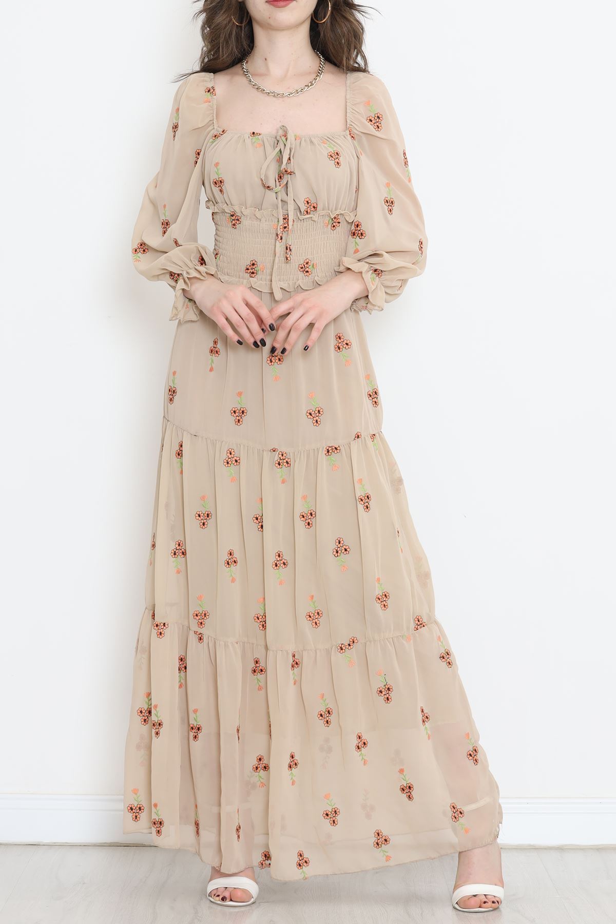 Nakışlı Şifon Elbise Bej - 5198.1322.