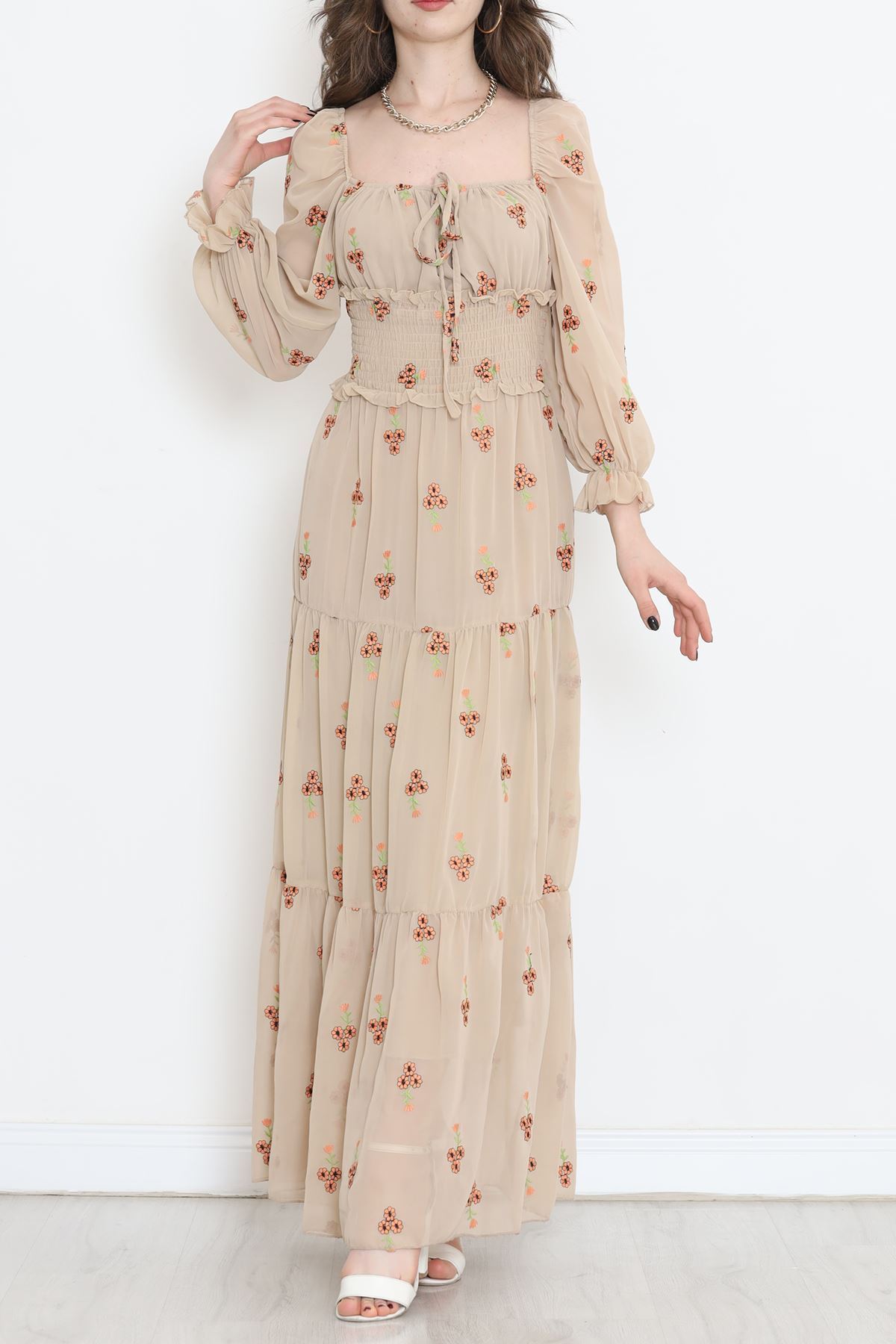 Nakışlı Şifon Elbise Bej - 5198.1322.