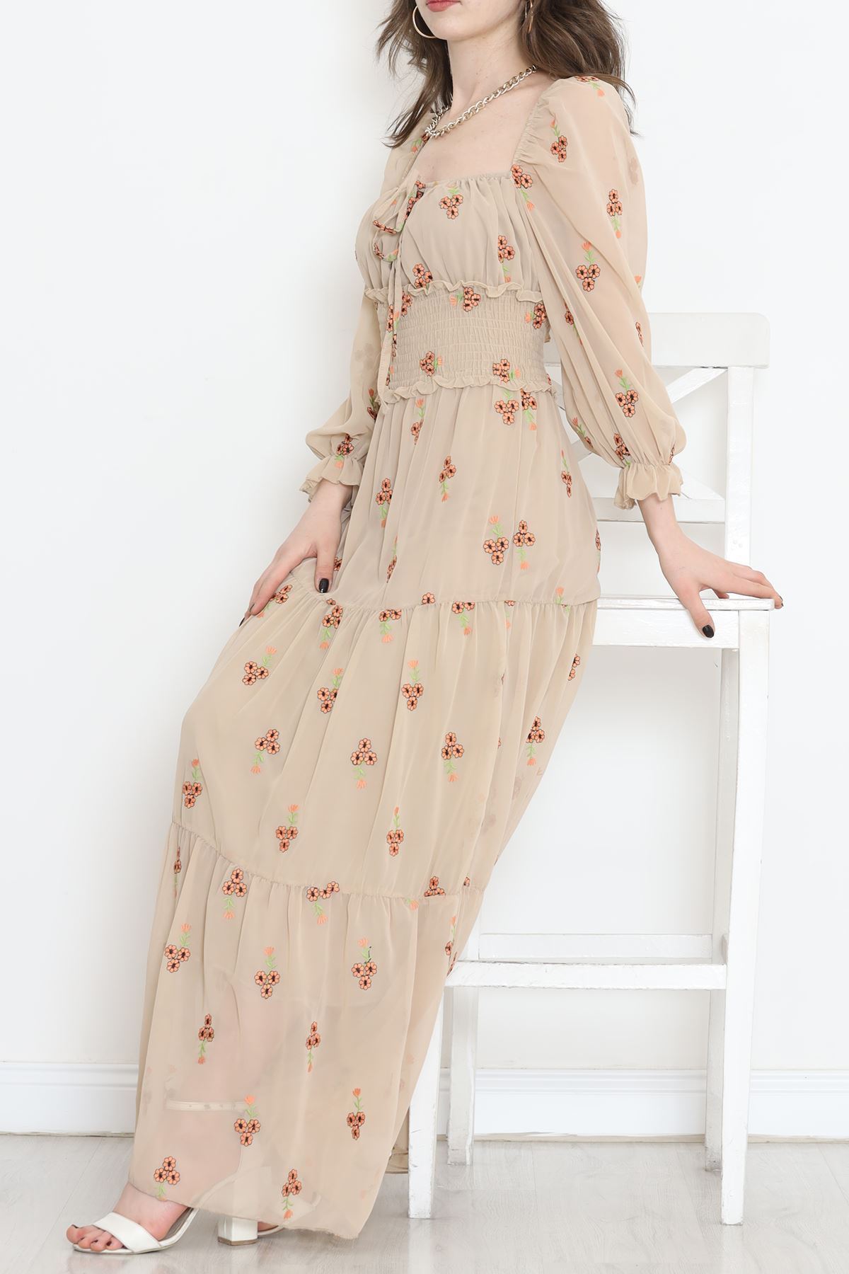 Nakışlı Şifon Elbise Bej - 5198.1322.