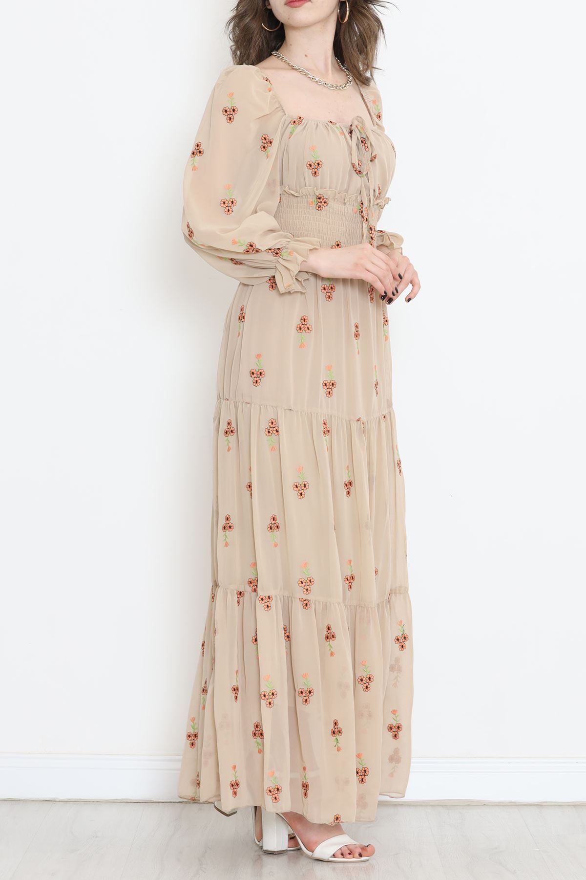 Nakışlı Şifon Elbise Bej - 5198.1322.