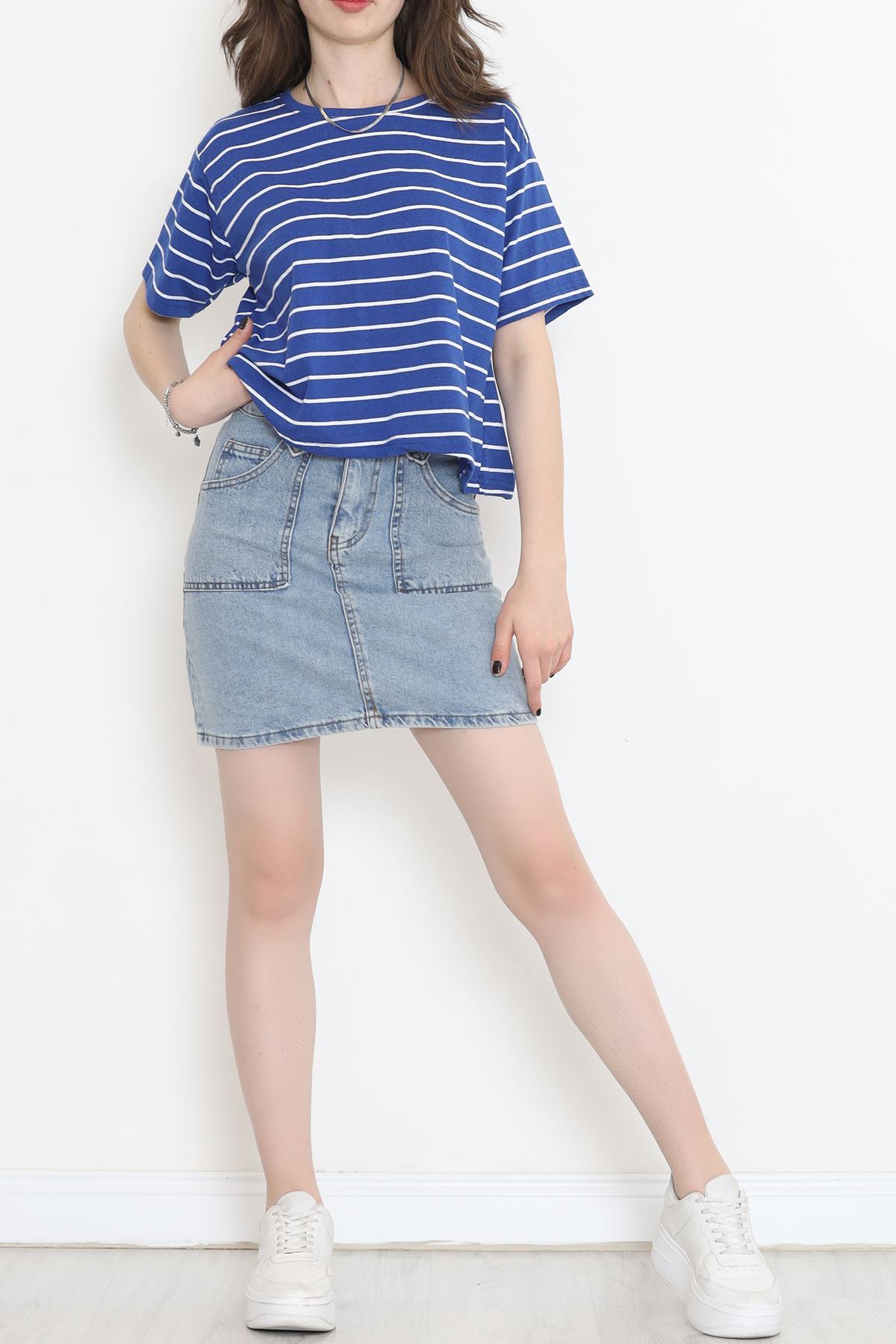 Çizgili Süprem Crop Tişört Saks - 9528.1567.