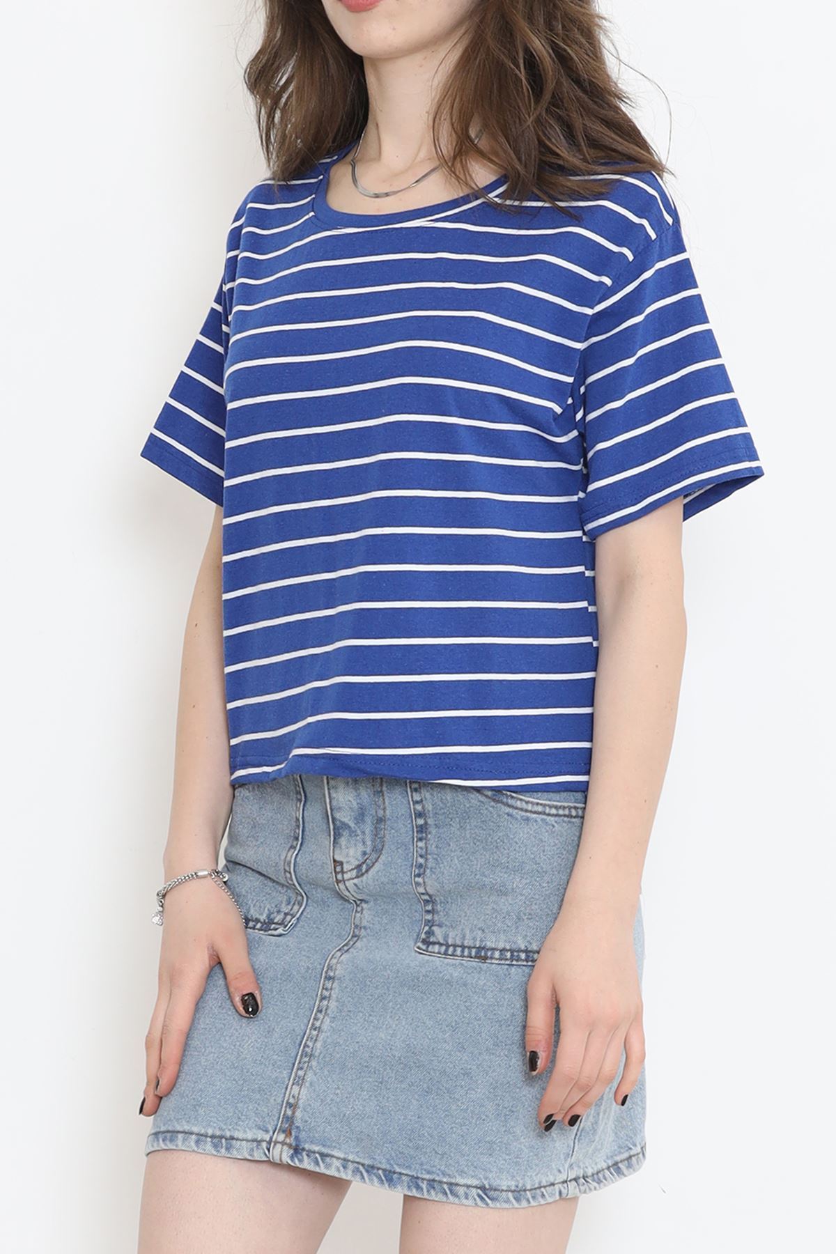 Çizgili Süprem Crop Tişört Saks - 9528.1567.