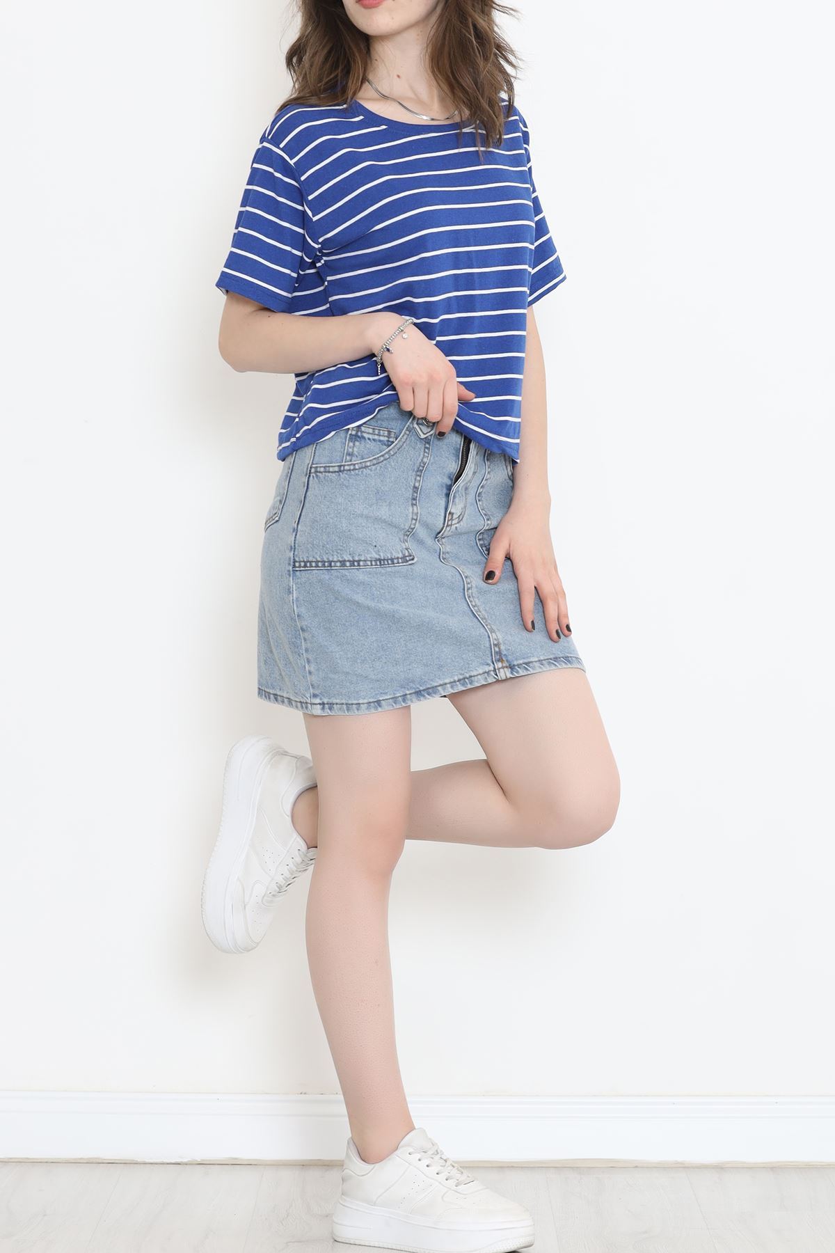 Çizgili Süprem Crop Tişört Saks - 9528.1567.