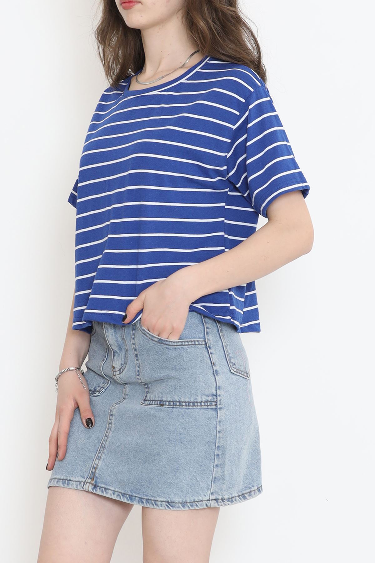 Çizgili Süprem Crop Tişört Saks - 9528.1567.