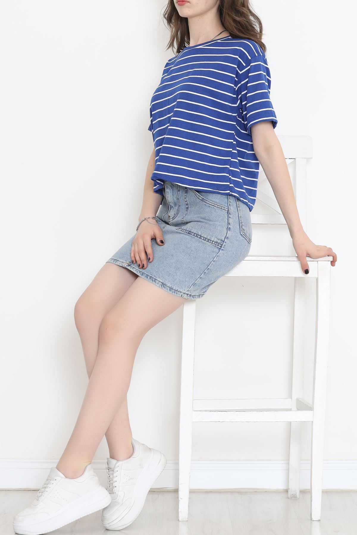 Çizgili Süprem Crop Tişört Saks - 9528.1567.