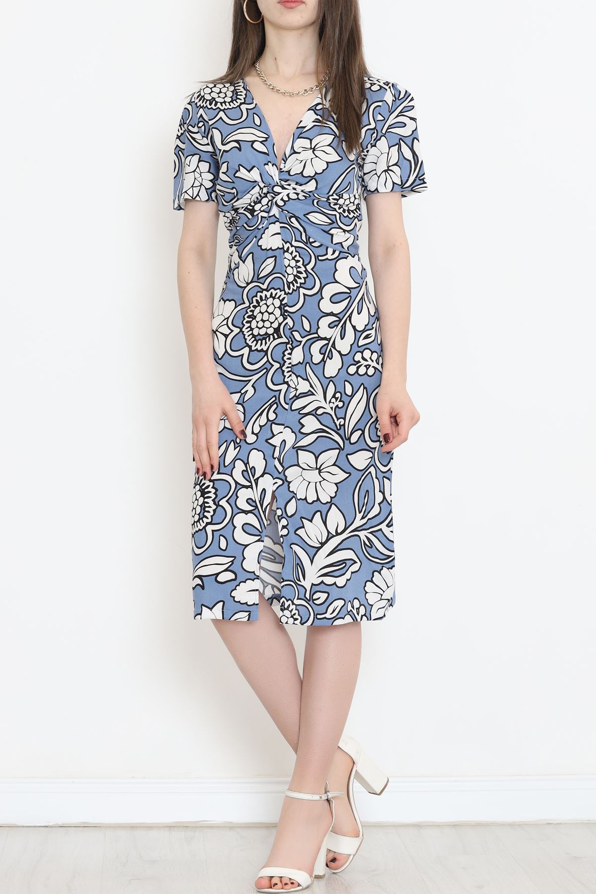 V Yaka Yırtmaçlı Elbise Mavi - 152422.701.