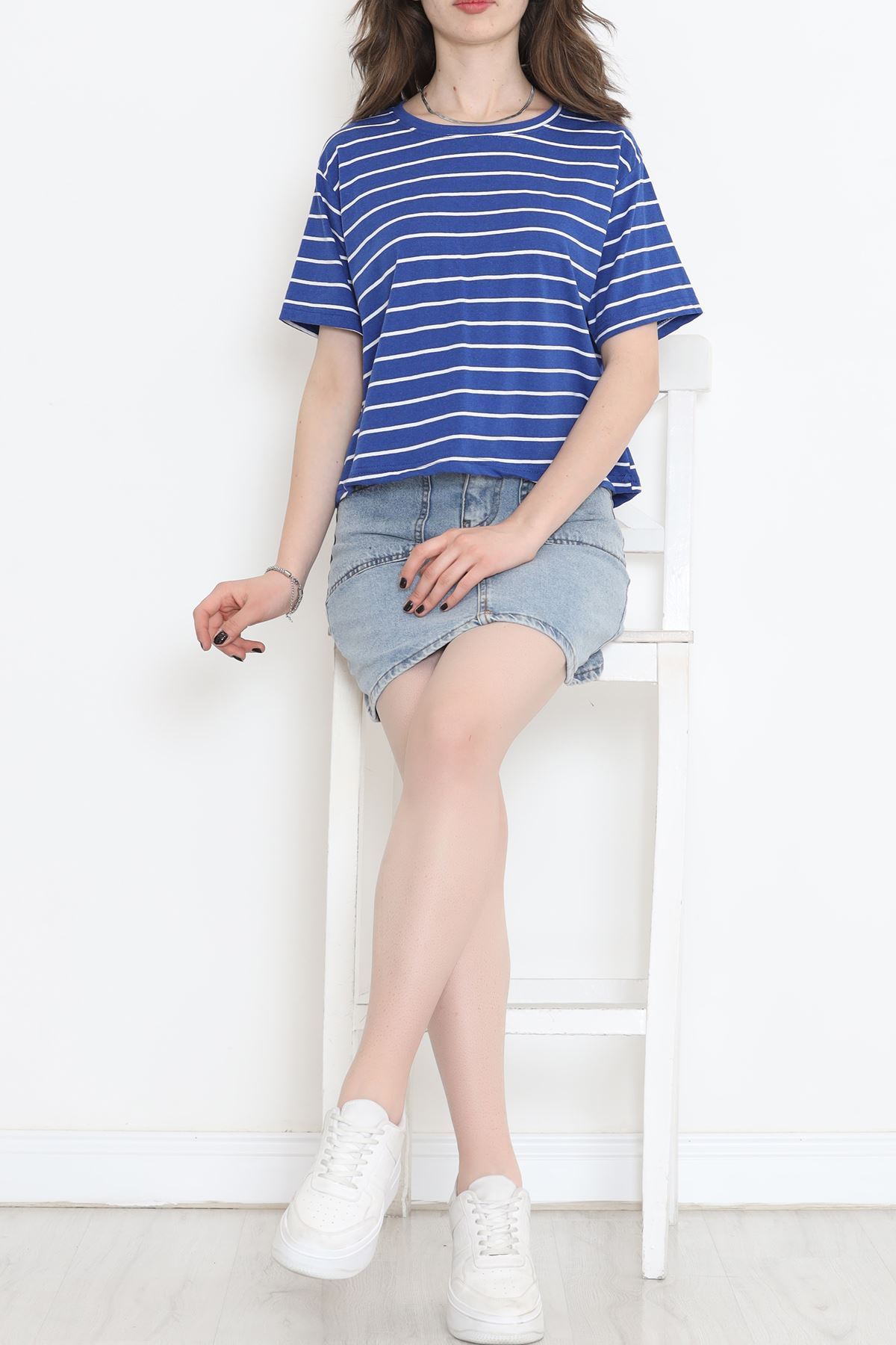 Çizgili Süprem Crop Tişört Saks - 9528.1567.