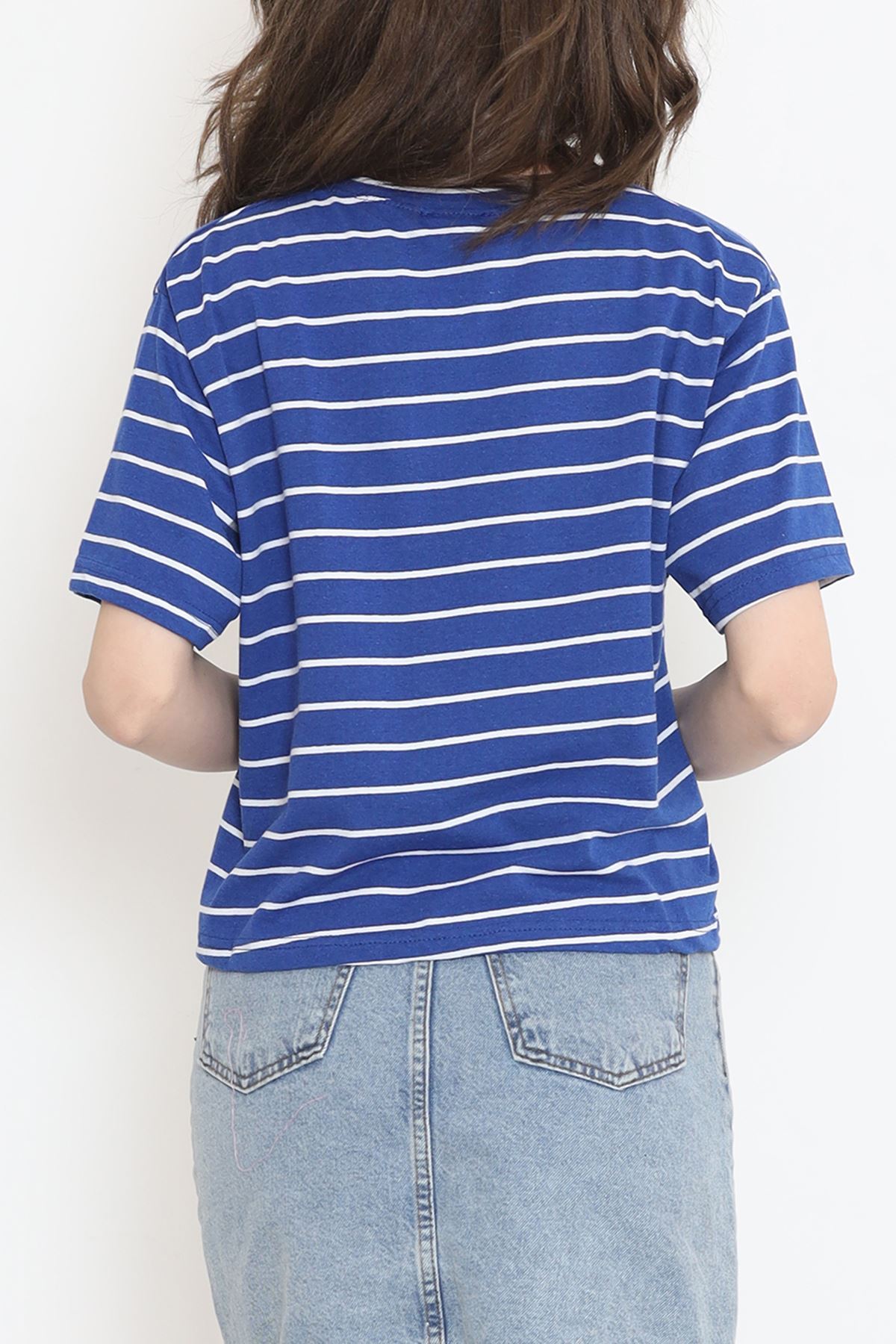 Çizgili Süprem Crop Tişört Saks - 9528.1567.