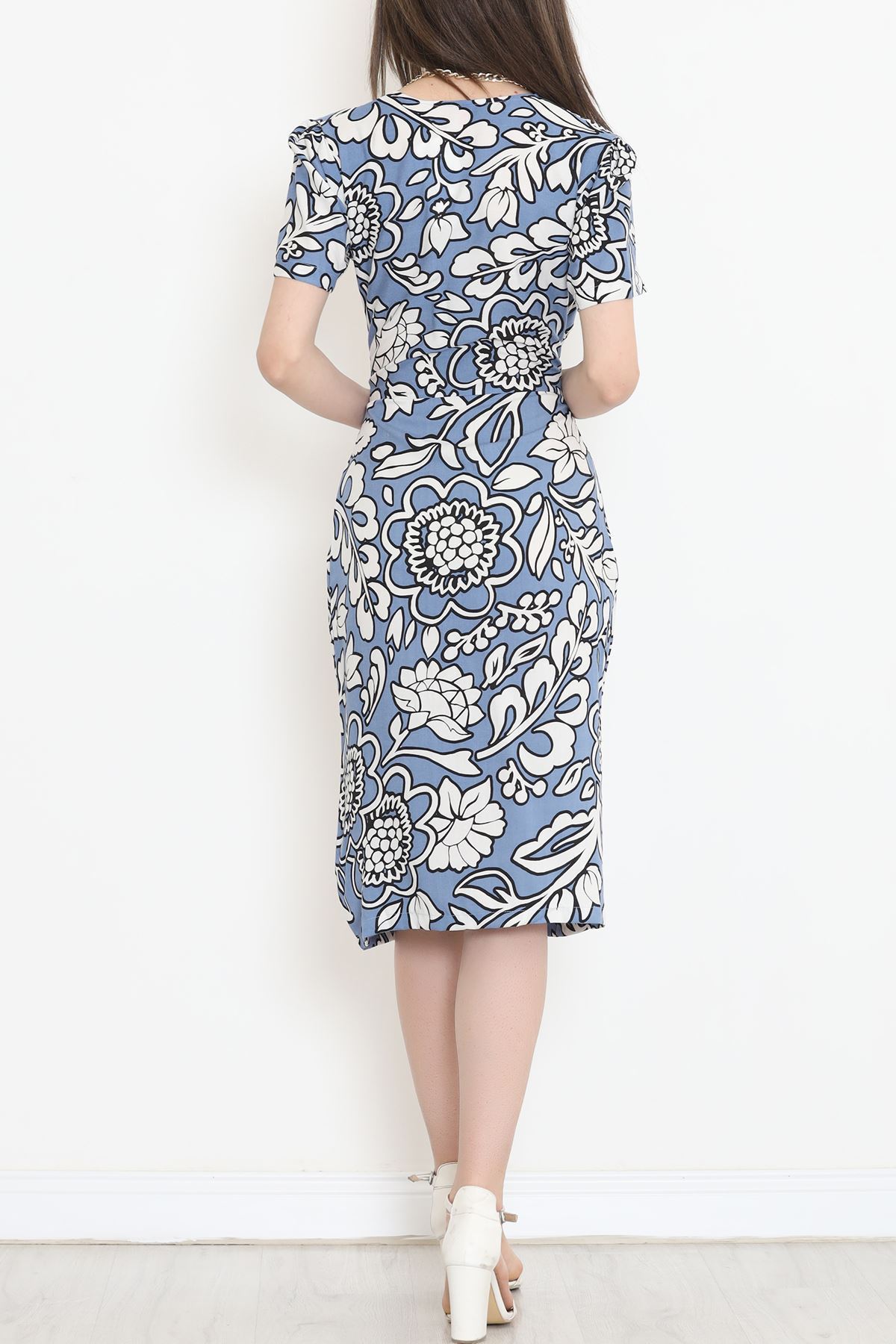 V Yaka Yırtmaçlı Elbise Mavi - 152422.701.