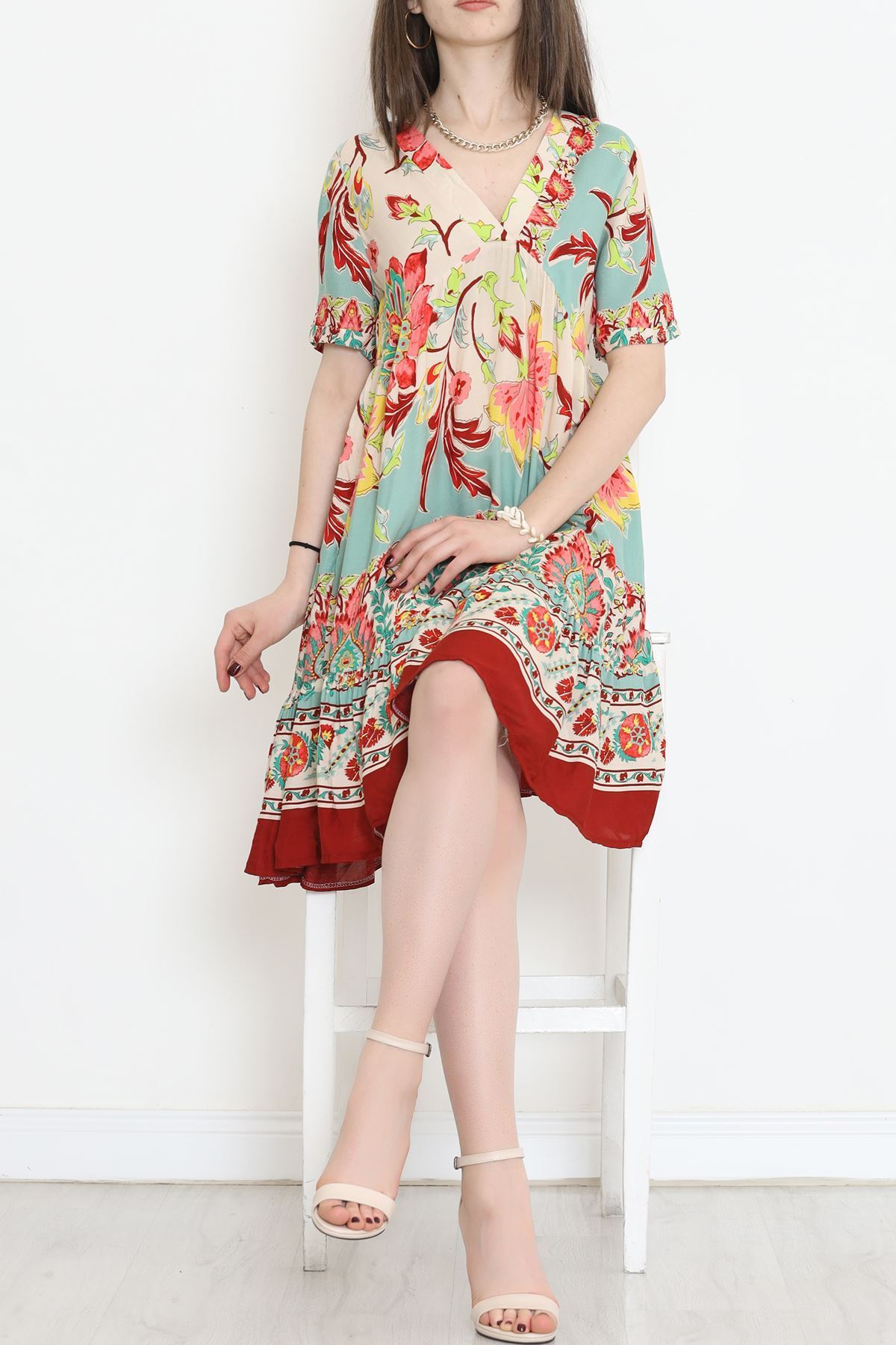 V Yaka Desenli Elbise Gül - 152340.701.