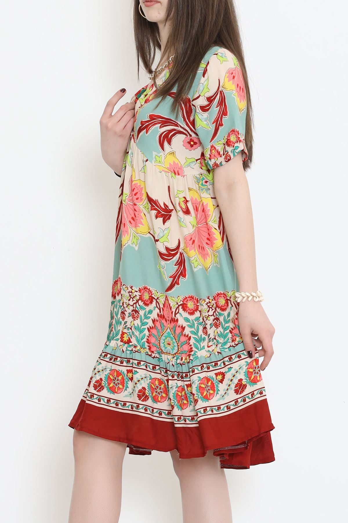 V Yaka Desenli Elbise Gül - 152340.701.