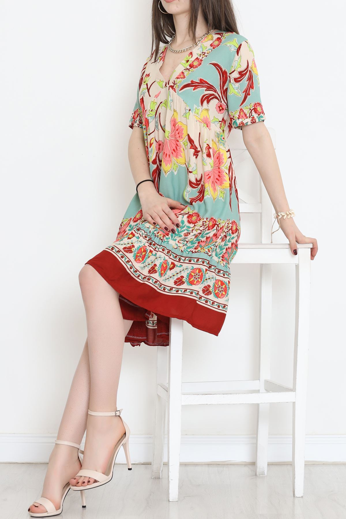 V Yaka Desenli Elbise Gül - 152340.701.