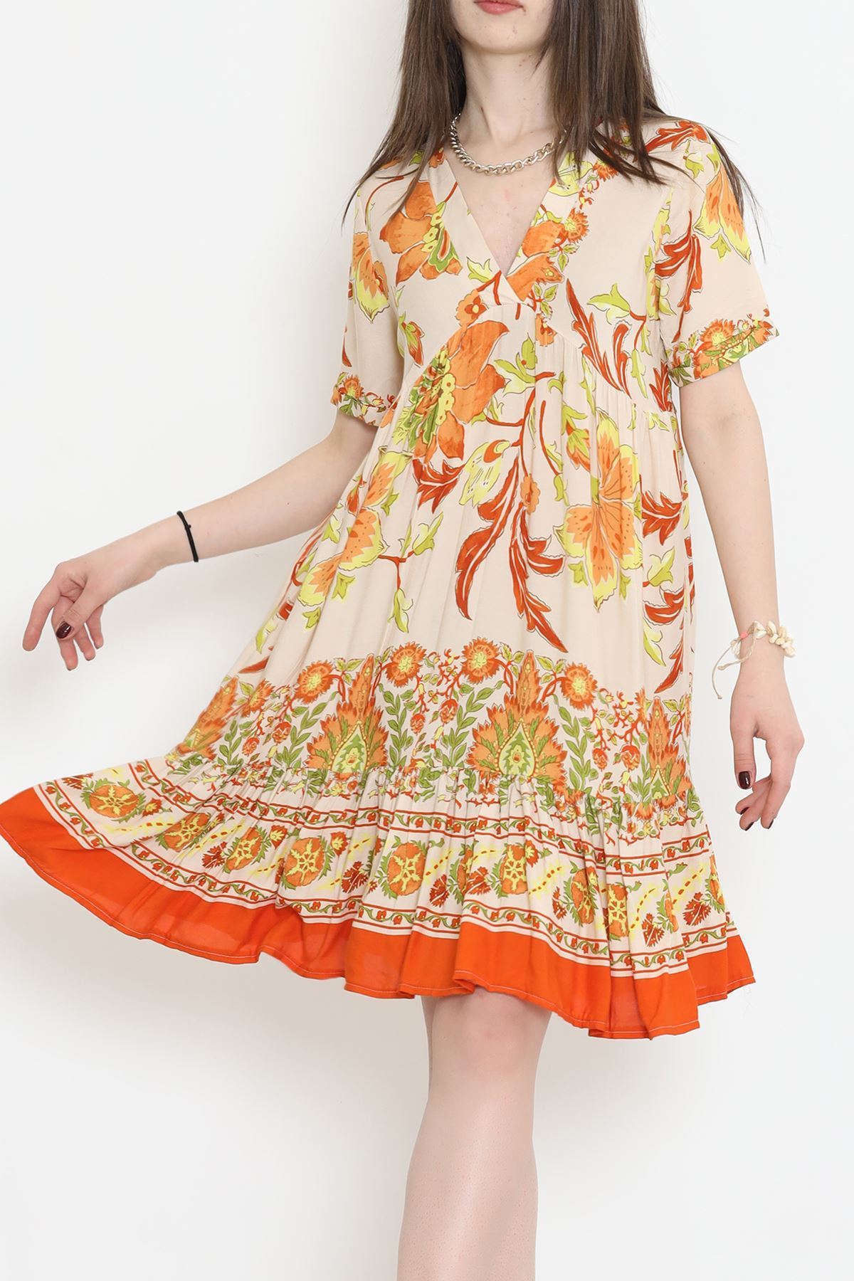 V Yaka Desenli Elbise Turuncu - 152340.701.